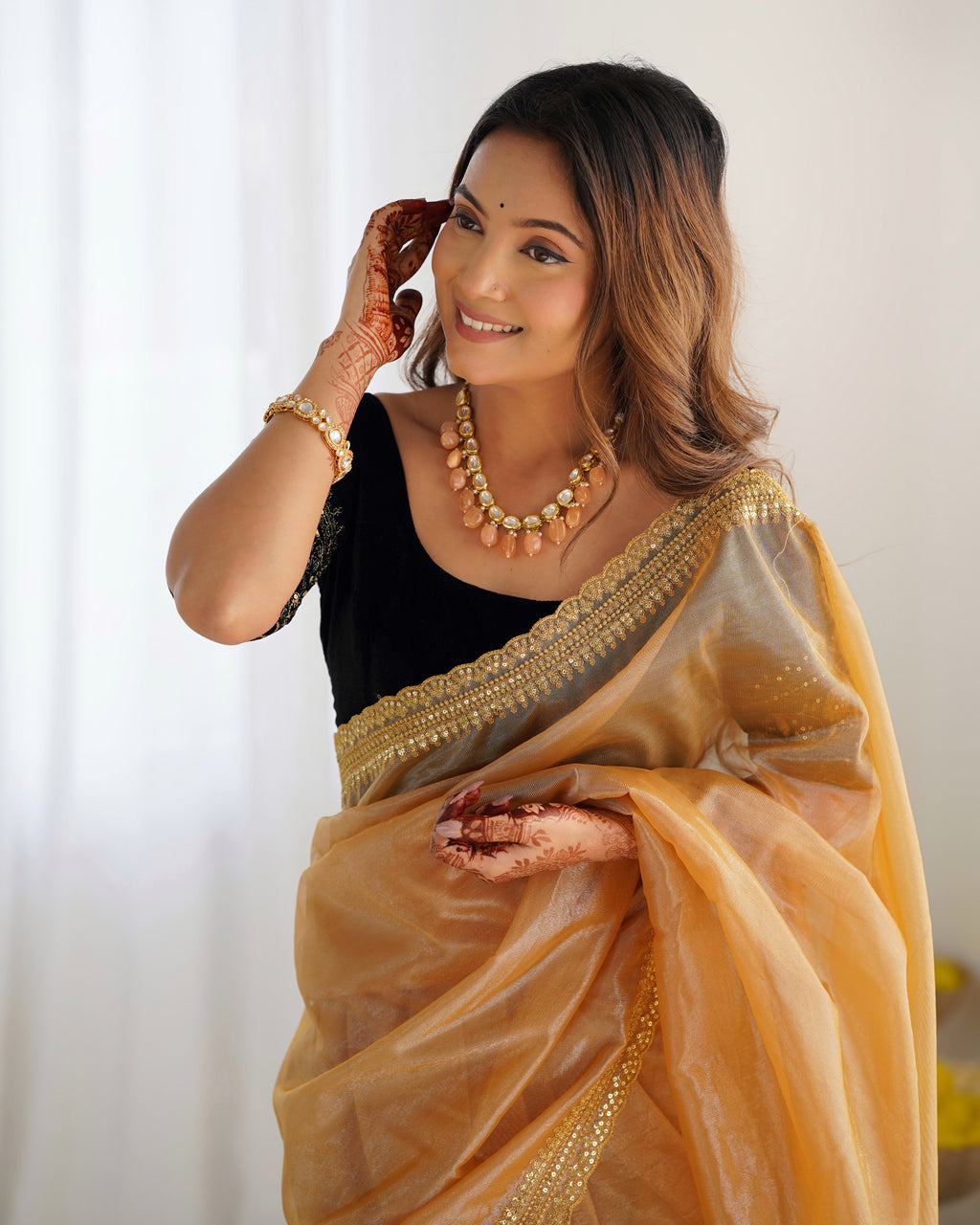 Golden Twill Net Party Wear Saree | Gold Jari & Sequin Embroidery Couture