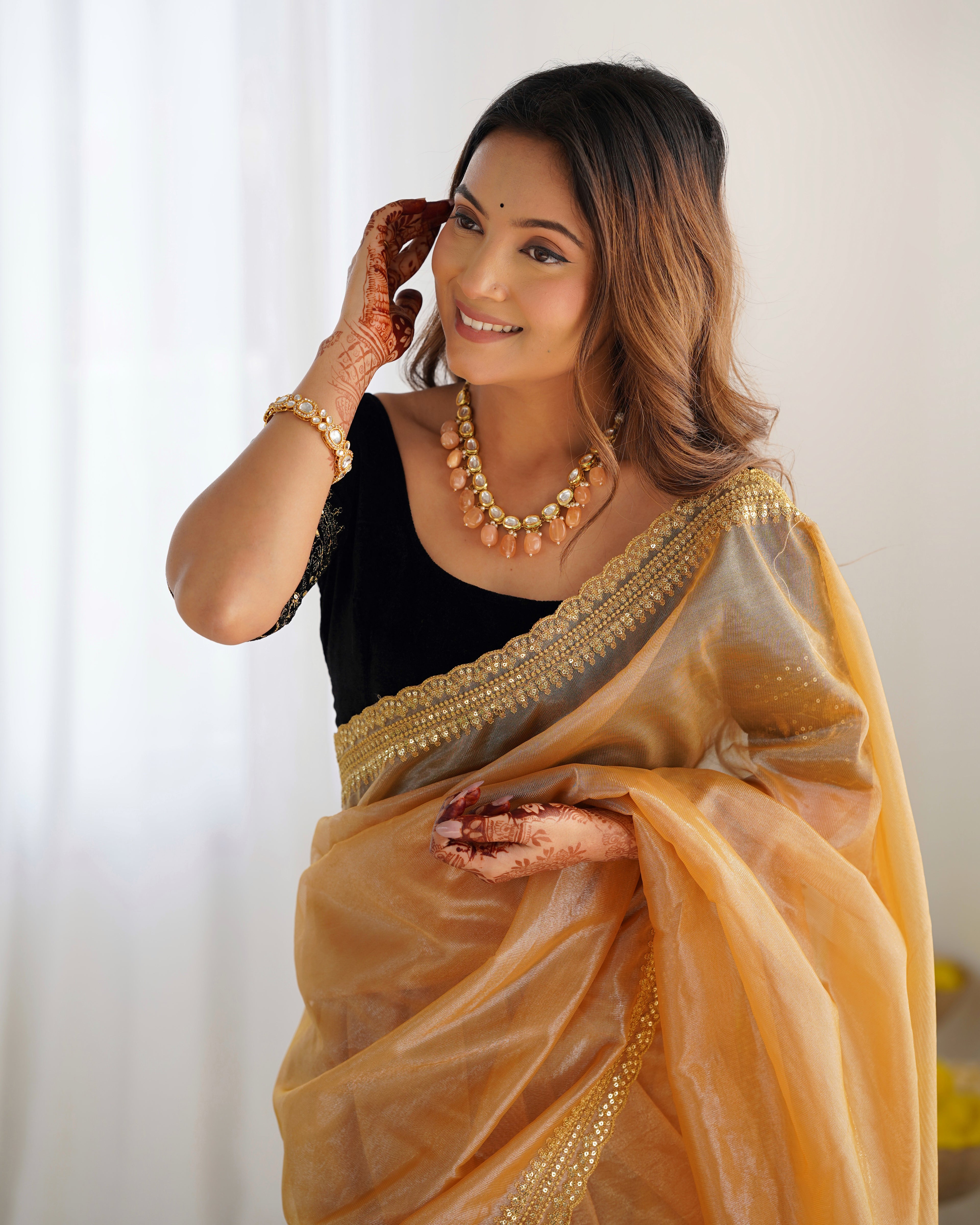 Golden Twill Net Party Wear Saree | Gold Jari & Sequin Embroidery Couture