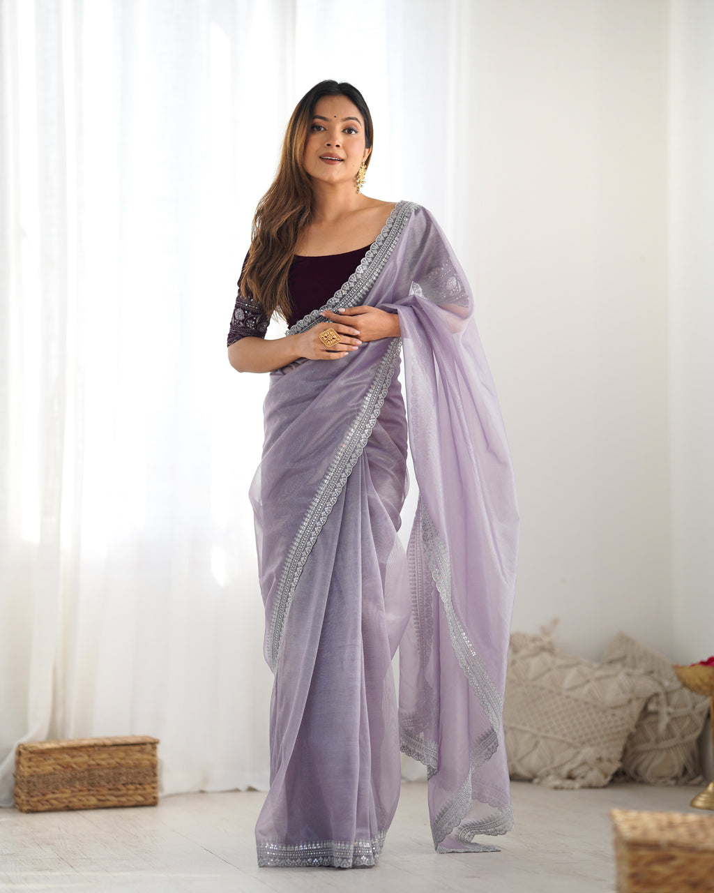 Lavender Twill Net Party Wear Saree | Gold Jari & Sequin Embroidery Couture