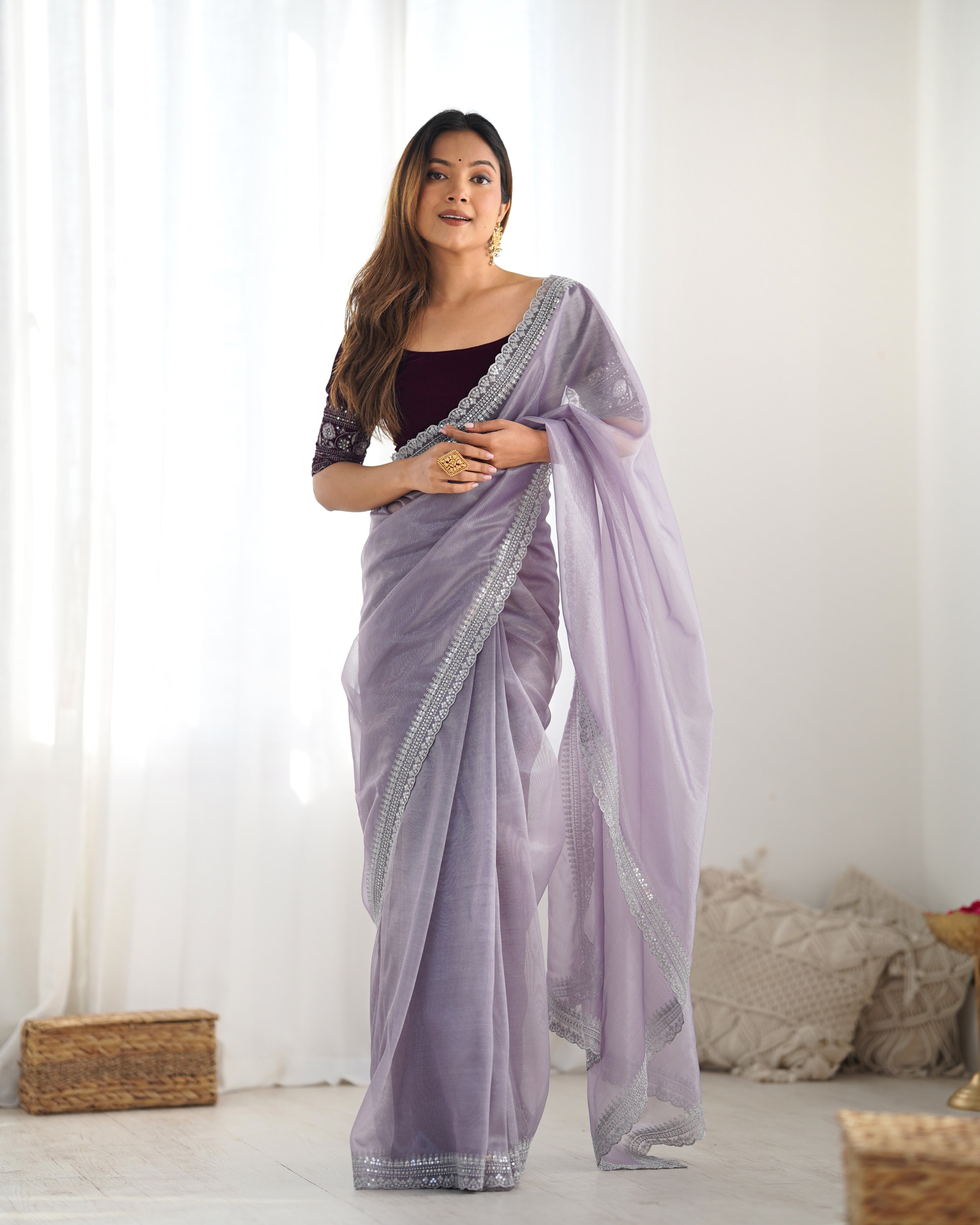Lavender Twill Net Party Wear Saree | Gold Jari & Sequin Embroidery Couture