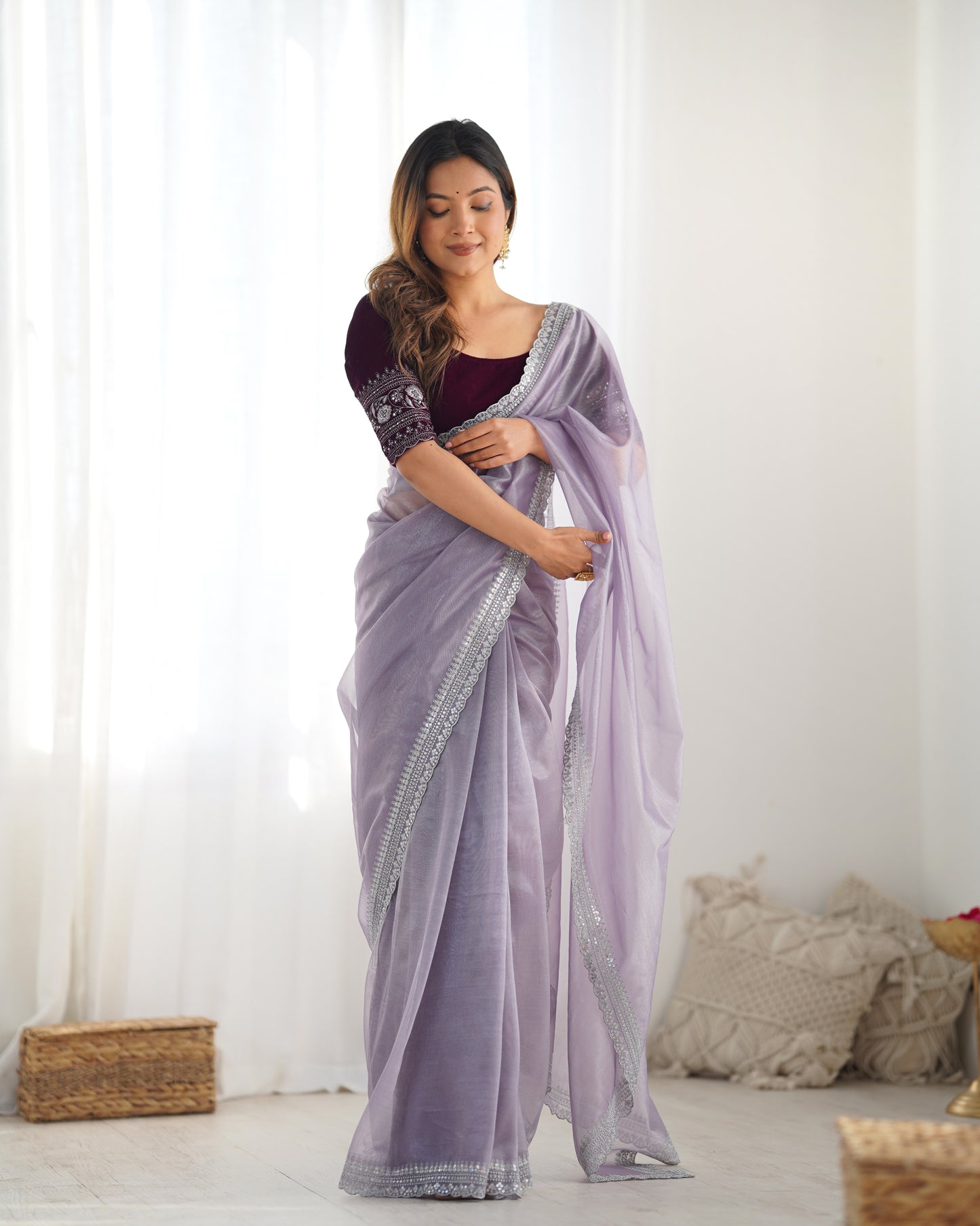 Lavender Twill Net Party Wear Saree | Gold Jari & Sequin Embroidery Couture