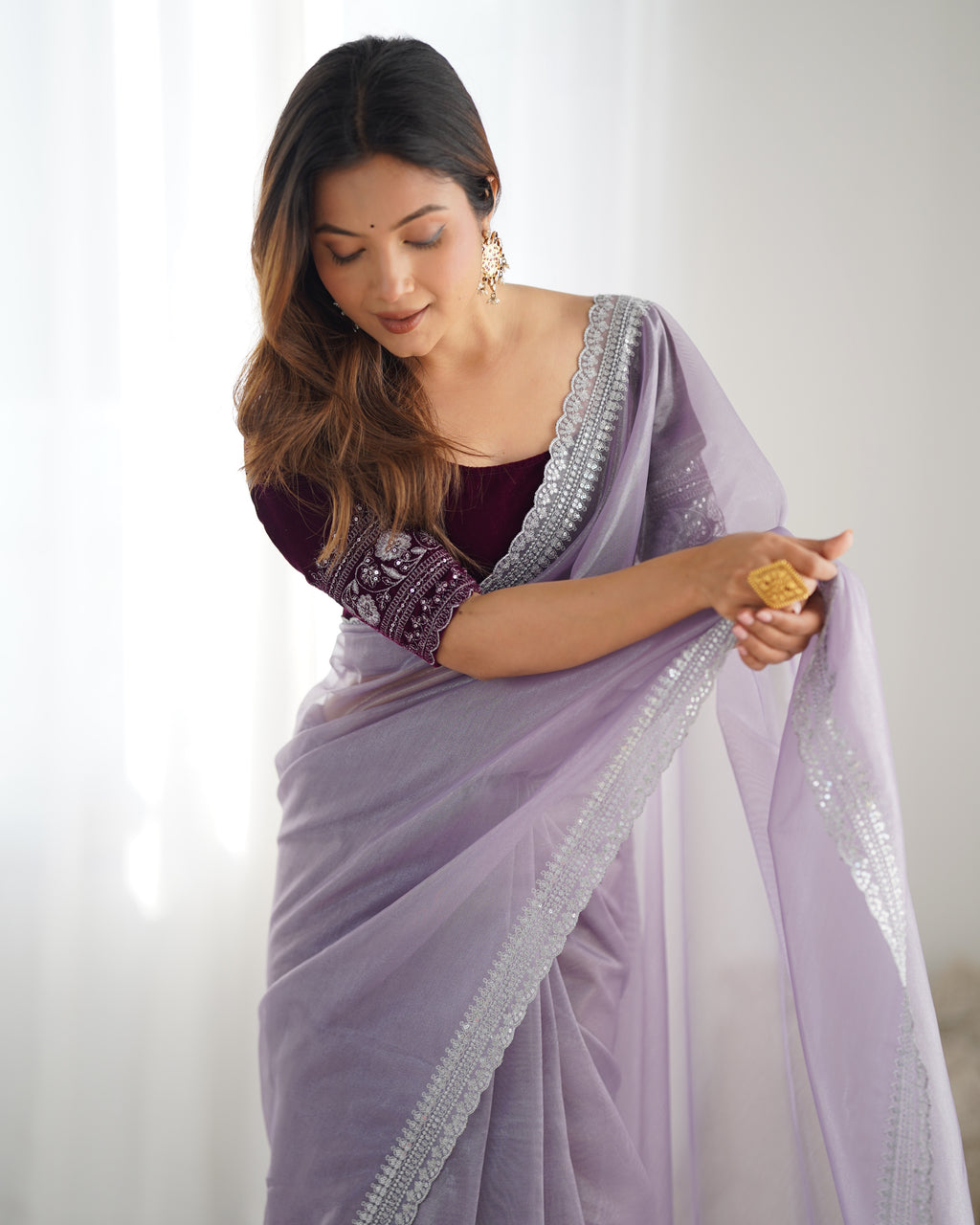 Lavender Twill Net Party Wear Saree | Gold Jari & Sequin Embroidery Couture
