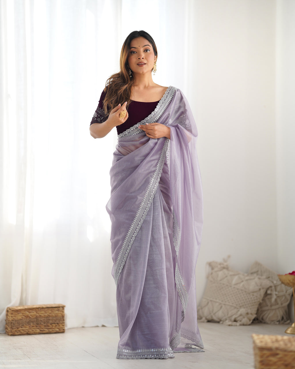 Lavender Twill Net Party Wear Saree | Gold Jari & Sequin Embroidery Couture