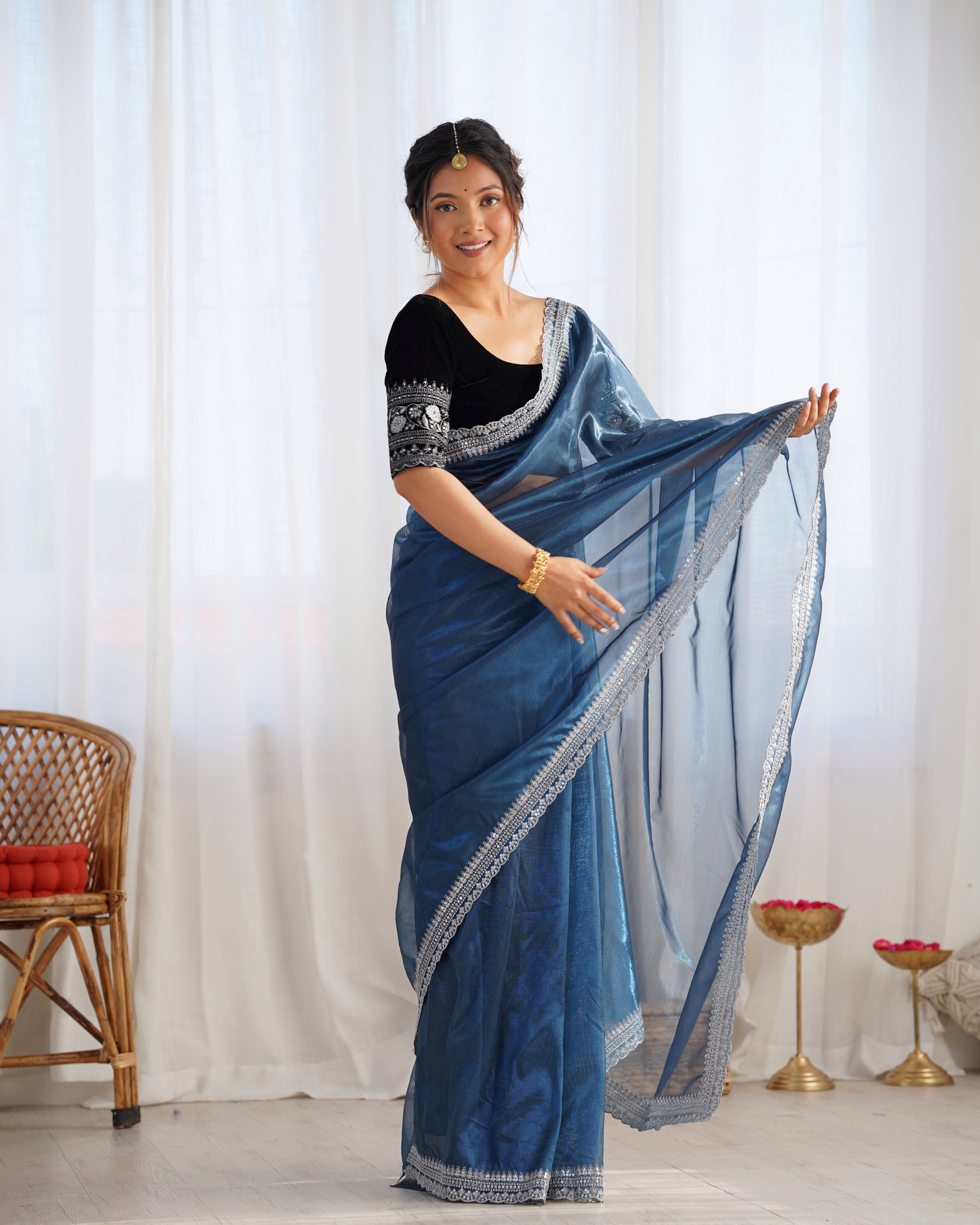Teal Twill Net Party Wear Saree | Gold Jari & Sequin Embroidery Couture