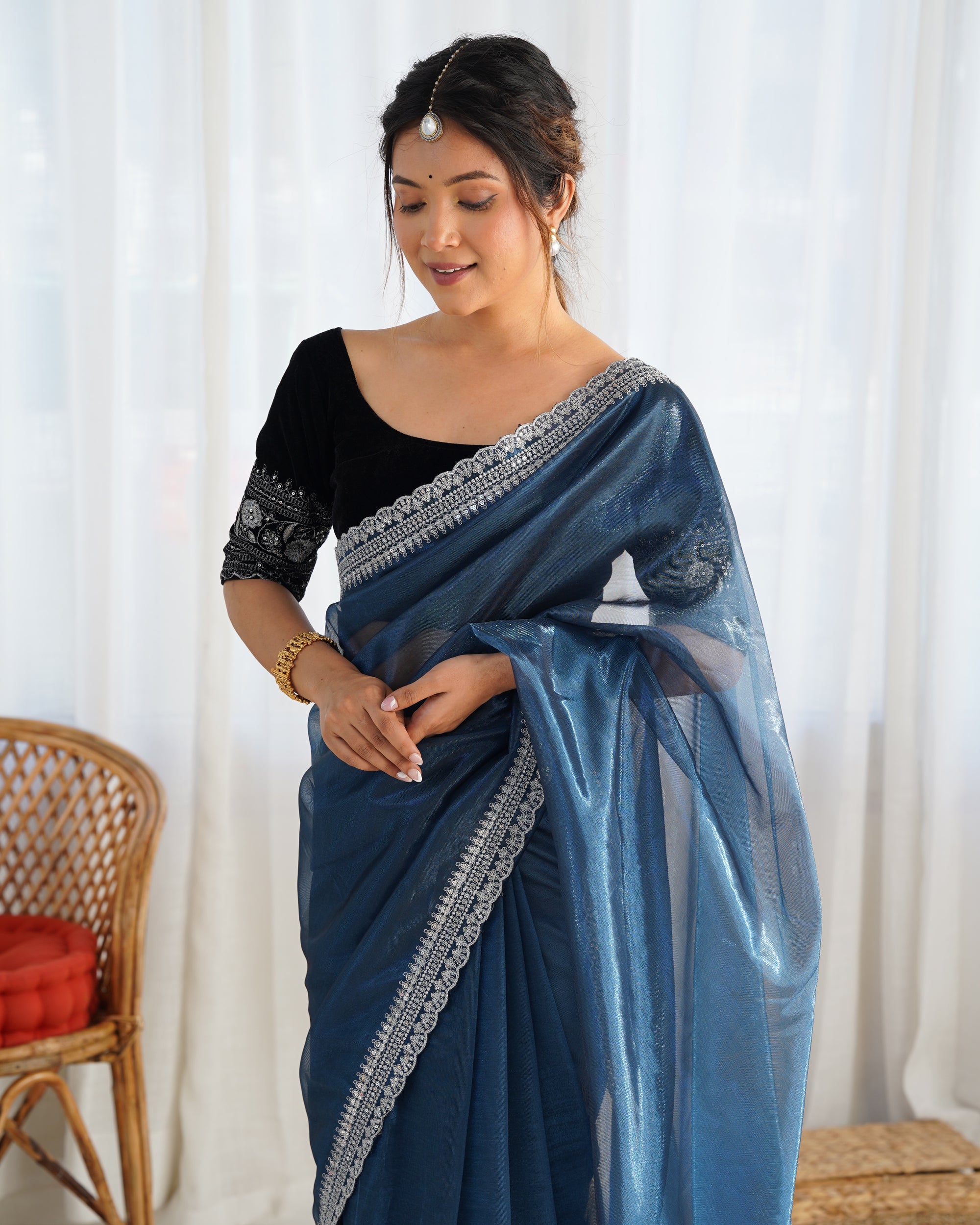 Teal Twill Net Party Wear Saree | Gold Jari & Sequin Embroidery Couture