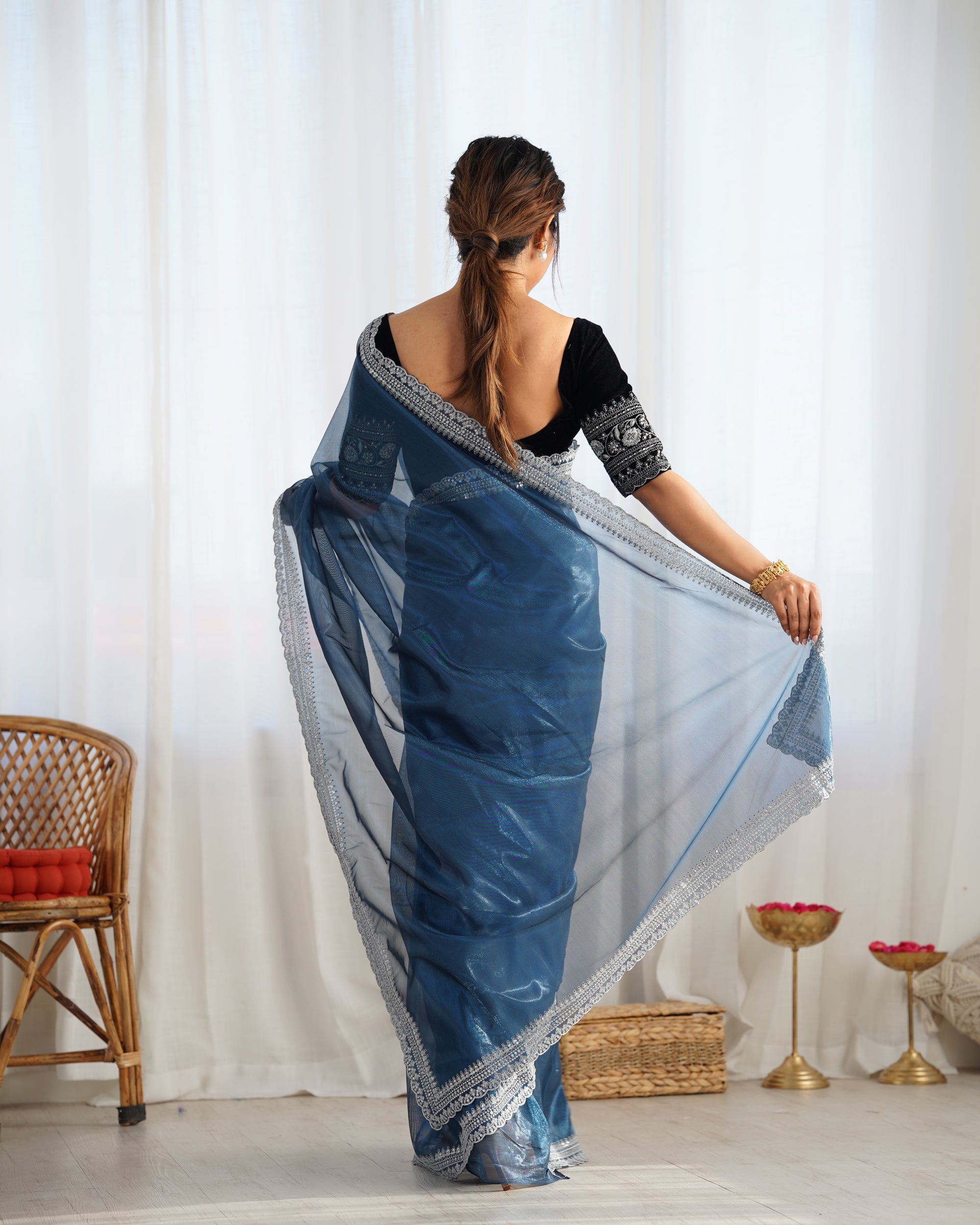 Teal Twill Net Party Wear Saree | Gold Jari & Sequin Embroidery Couture