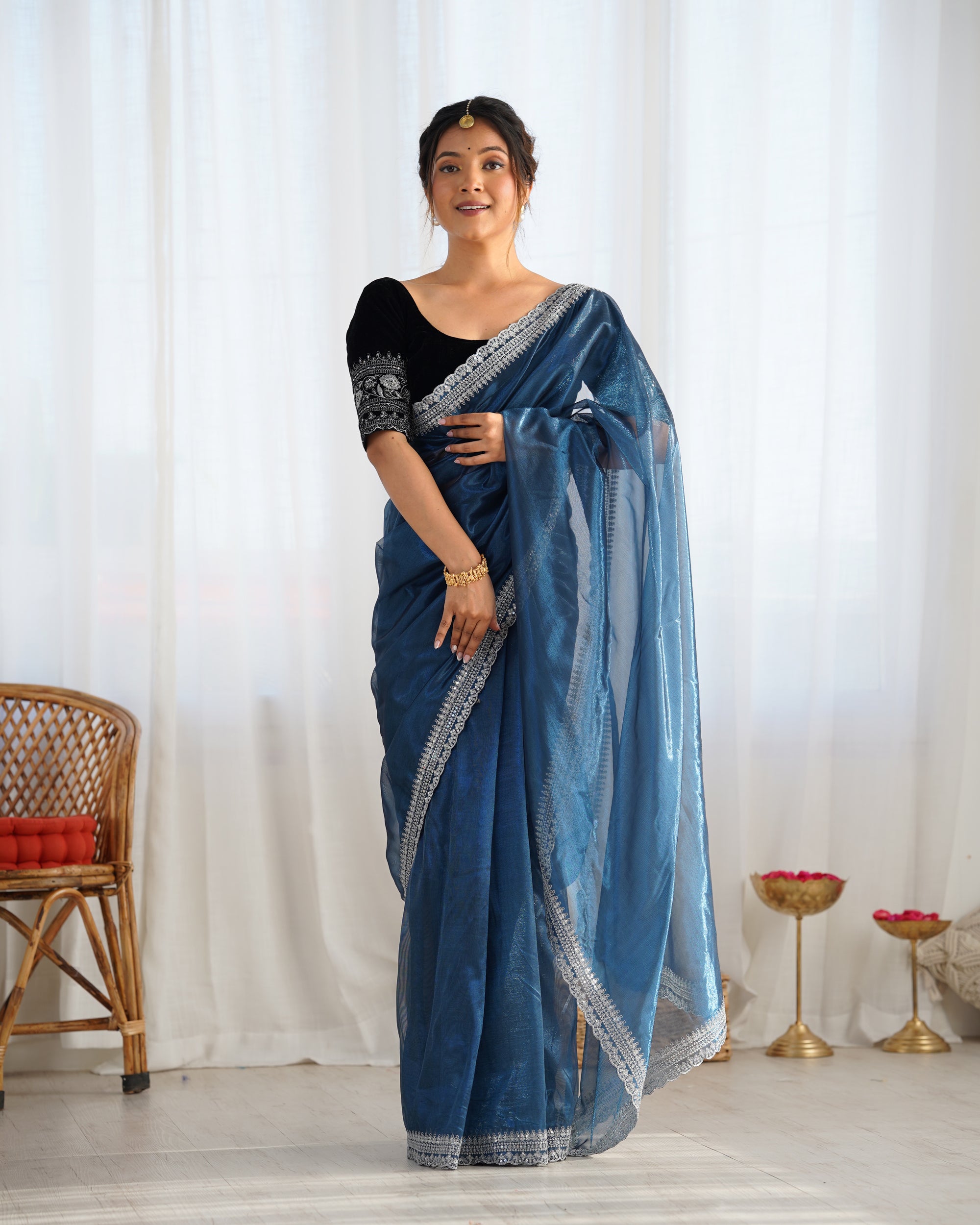 Teal Twill Net Party Wear Saree | Gold Jari & Sequin Embroidery Couture