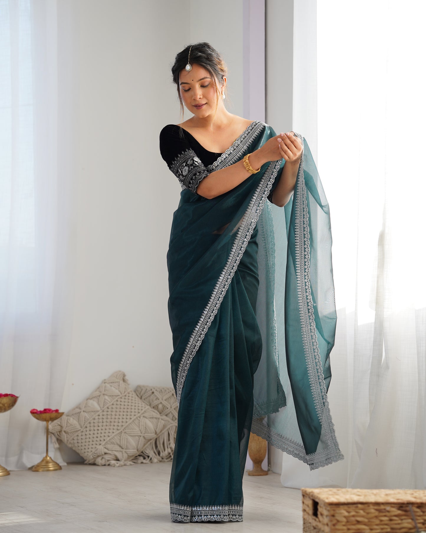 Rama Twill Net Party Wear Saree | Gold Jari & Sequin Embroidery Couture