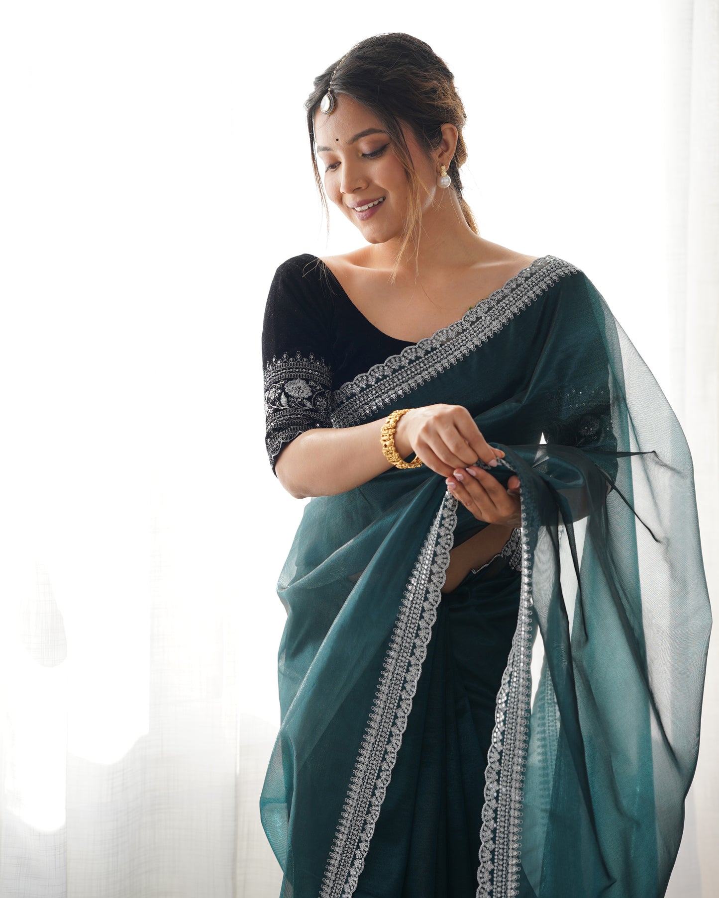 Rama Twill Net Party Wear Saree | Gold Jari & Sequin Embroidery Couture