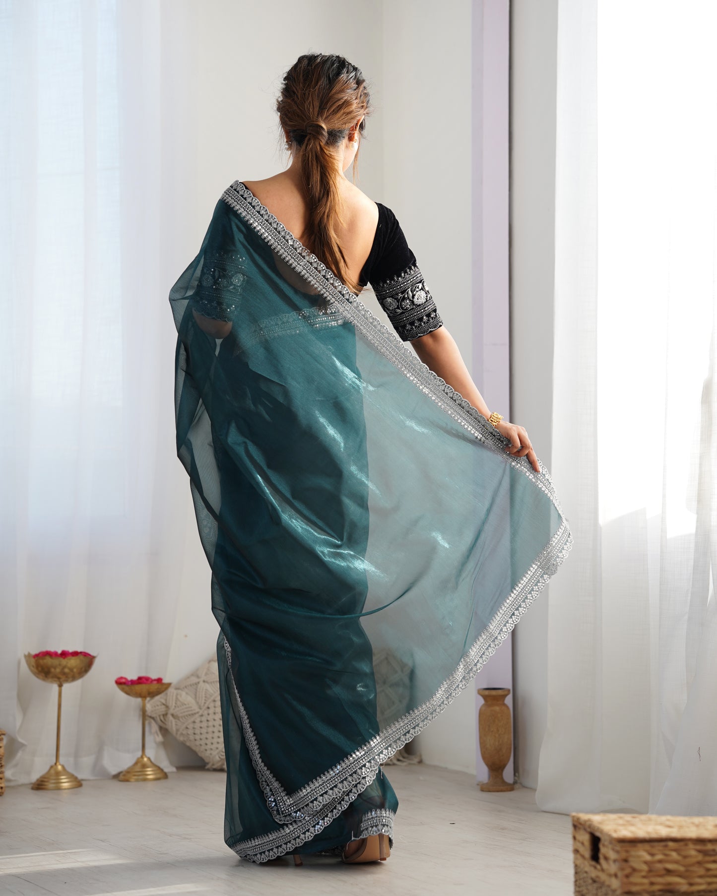 Rama Twill Net Party Wear Saree | Gold Jari & Sequin Embroidery Couture