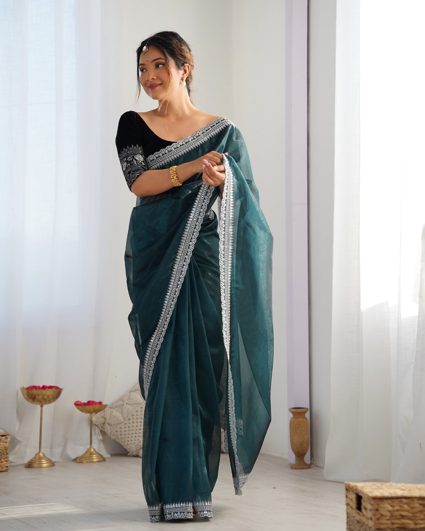 Rama Twill Net Party Wear Saree | Gold Jari & Sequin Embroidery Couture