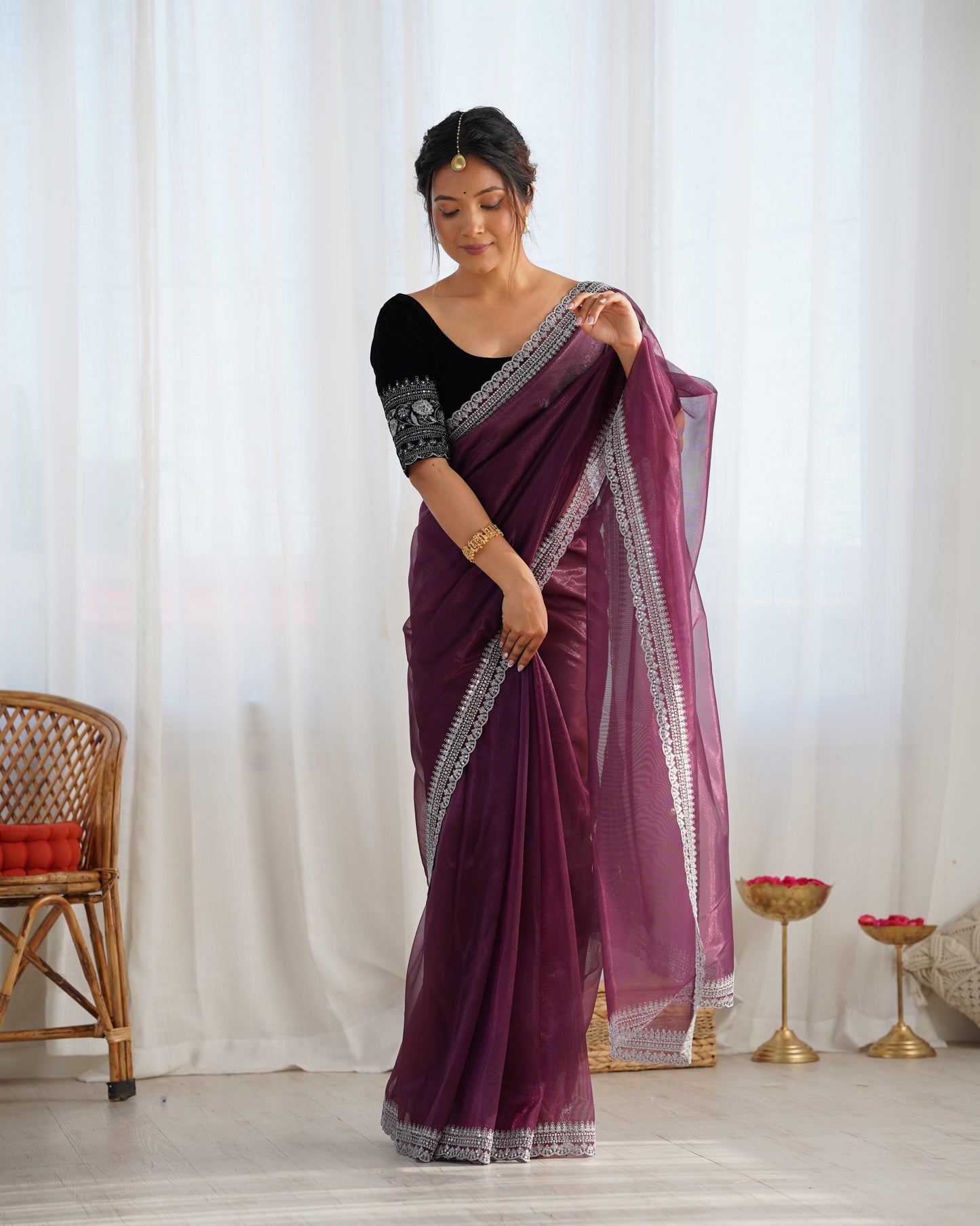Wine Twill Net Party Wear Saree | Gold Jari & Sequin Embroidery Couture