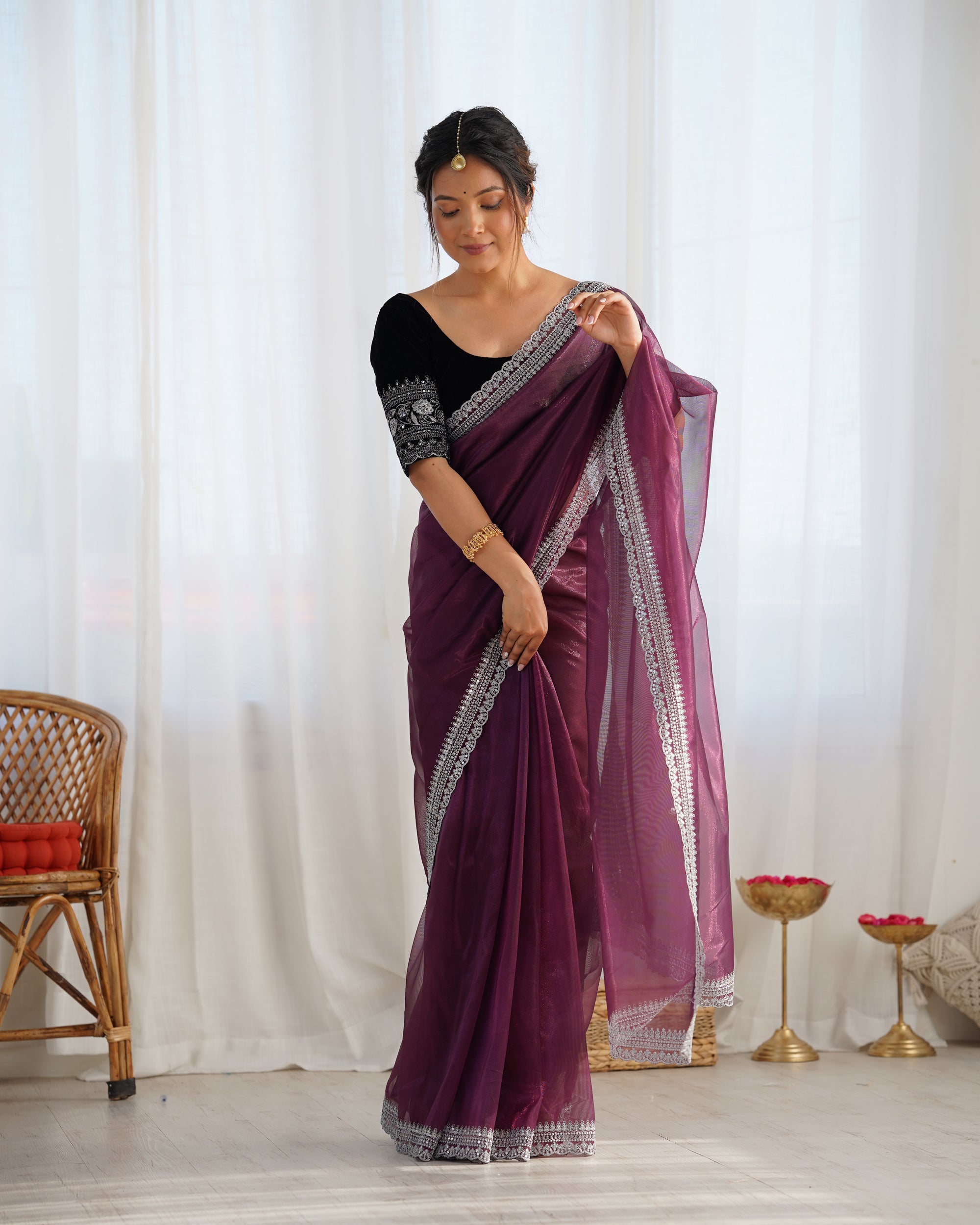 Wine Twill Net Party Wear Saree | Gold Jari & Sequin Embroidery Couture