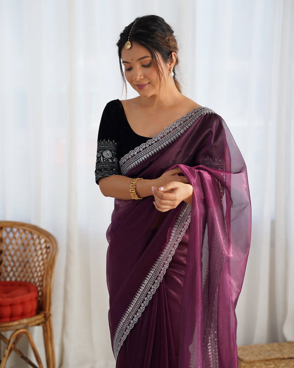 Wine Twill Net Party Wear Saree | Gold Jari & Sequin Embroidery Couture
