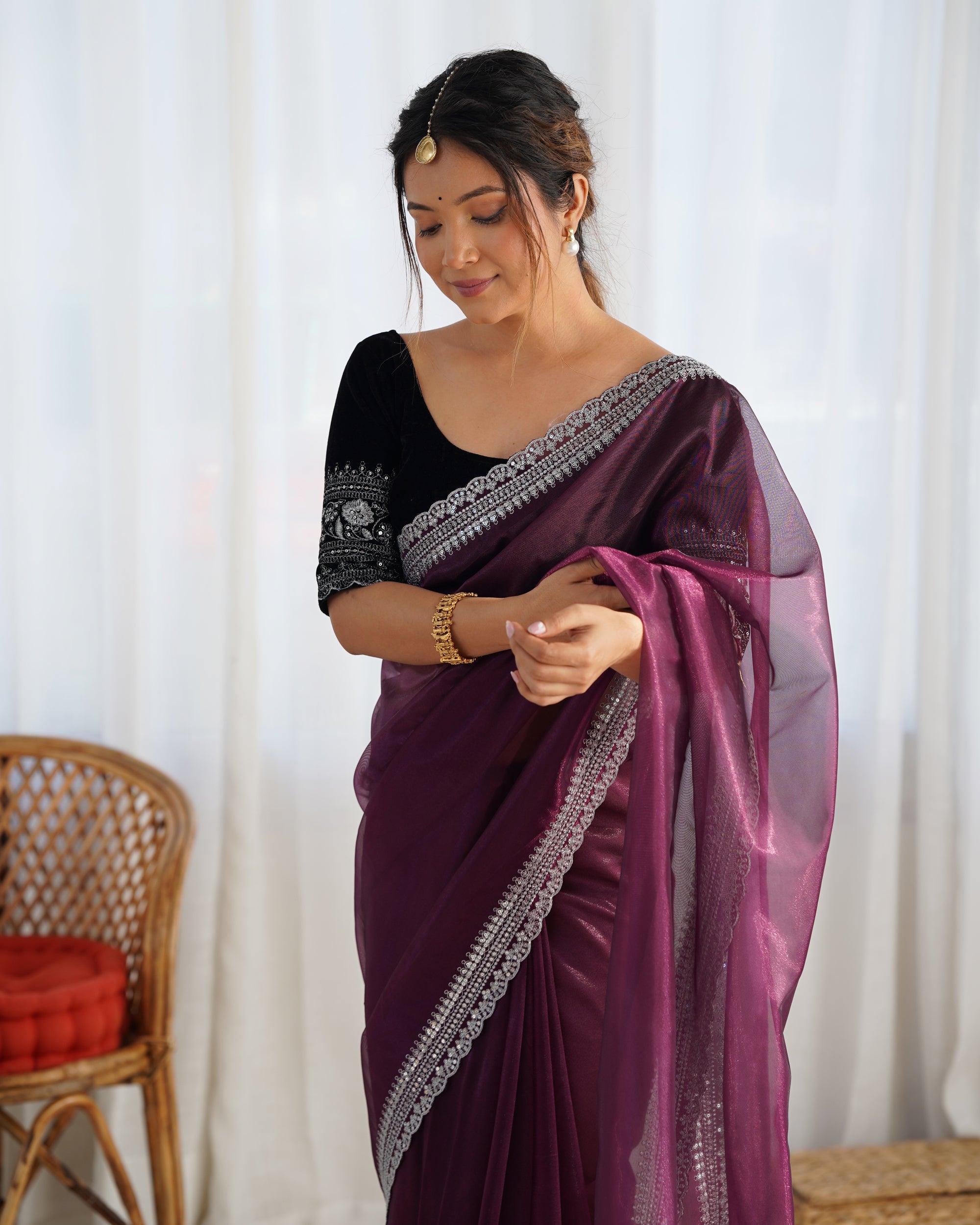 Wine Twill Net Party Wear Saree | Gold Jari & Sequin Embroidery Couture