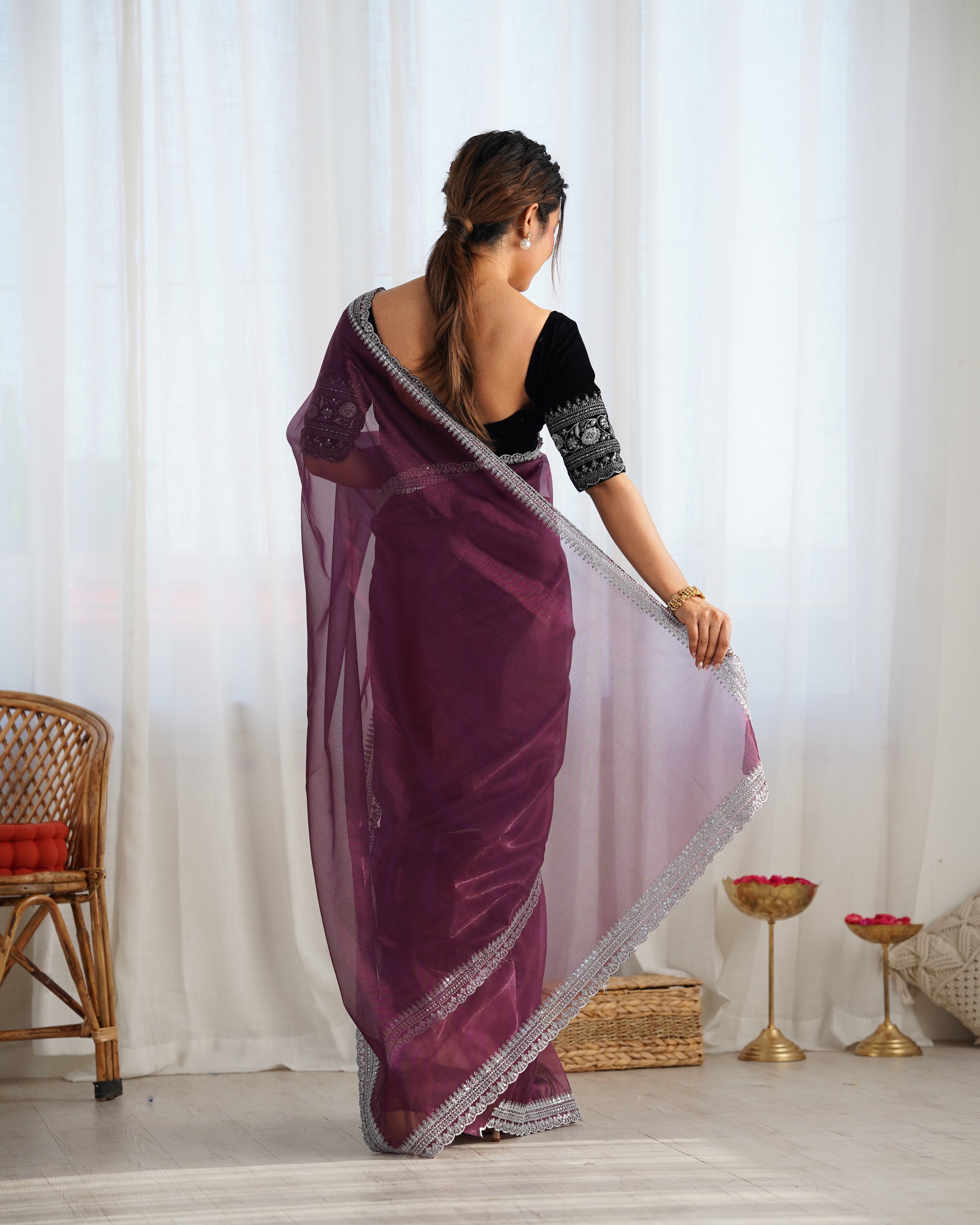 Wine Twill Net Party Wear Saree | Gold Jari & Sequin Embroidery Couture