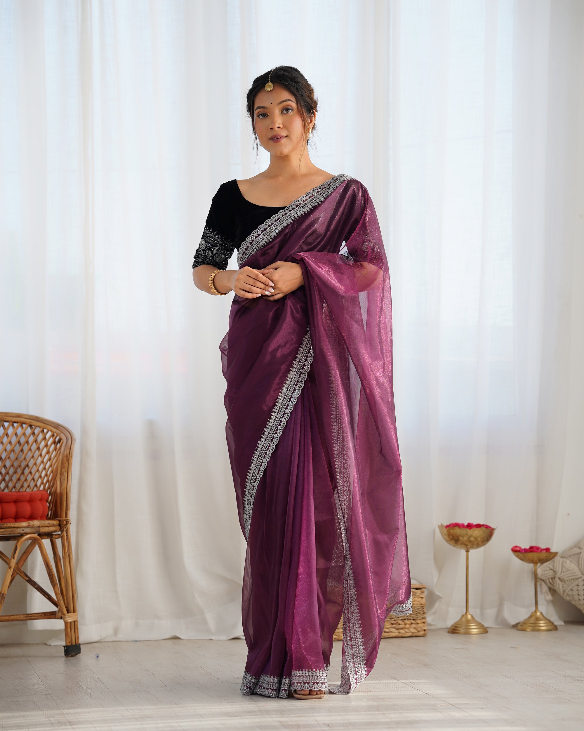 Wine Twill Net Party Wear Saree | Gold Jari & Sequin Embroidery Couture
