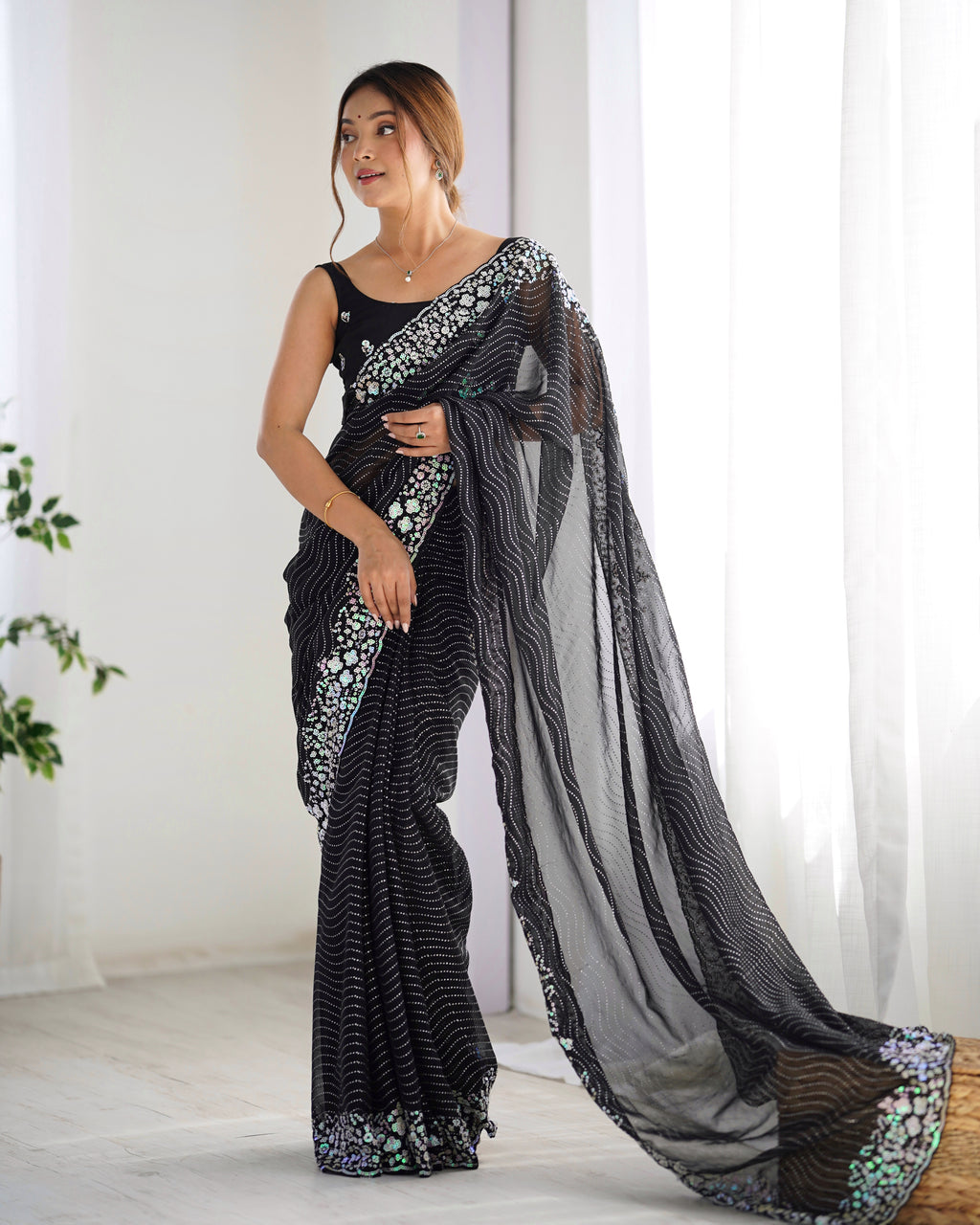 Midnight Black Georgette Sequance Embroidery Saree | Designer Work Party Wear Couture