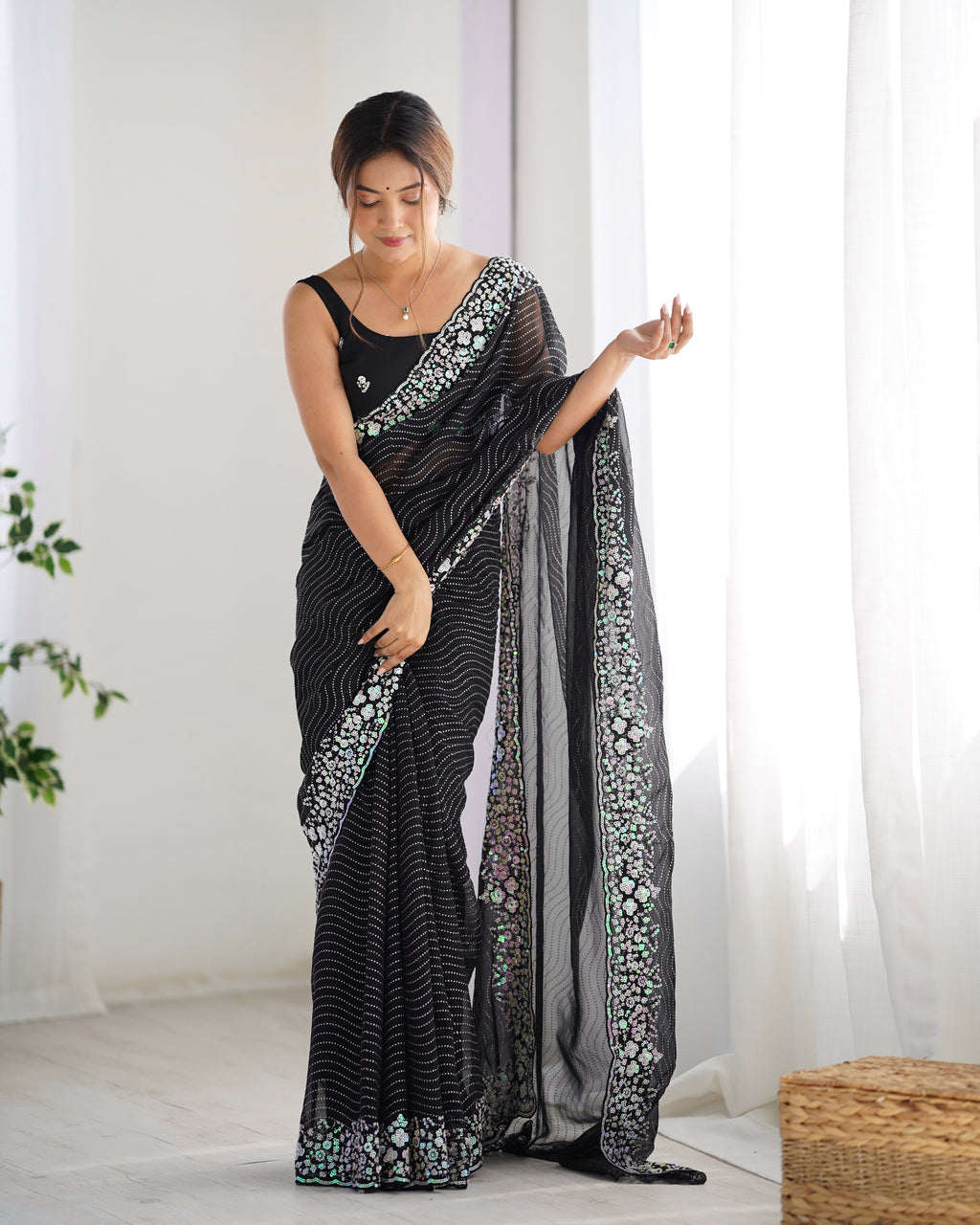 Midnight Black Georgette Sequance Embroidery Saree | Designer Work Party Wear Couture