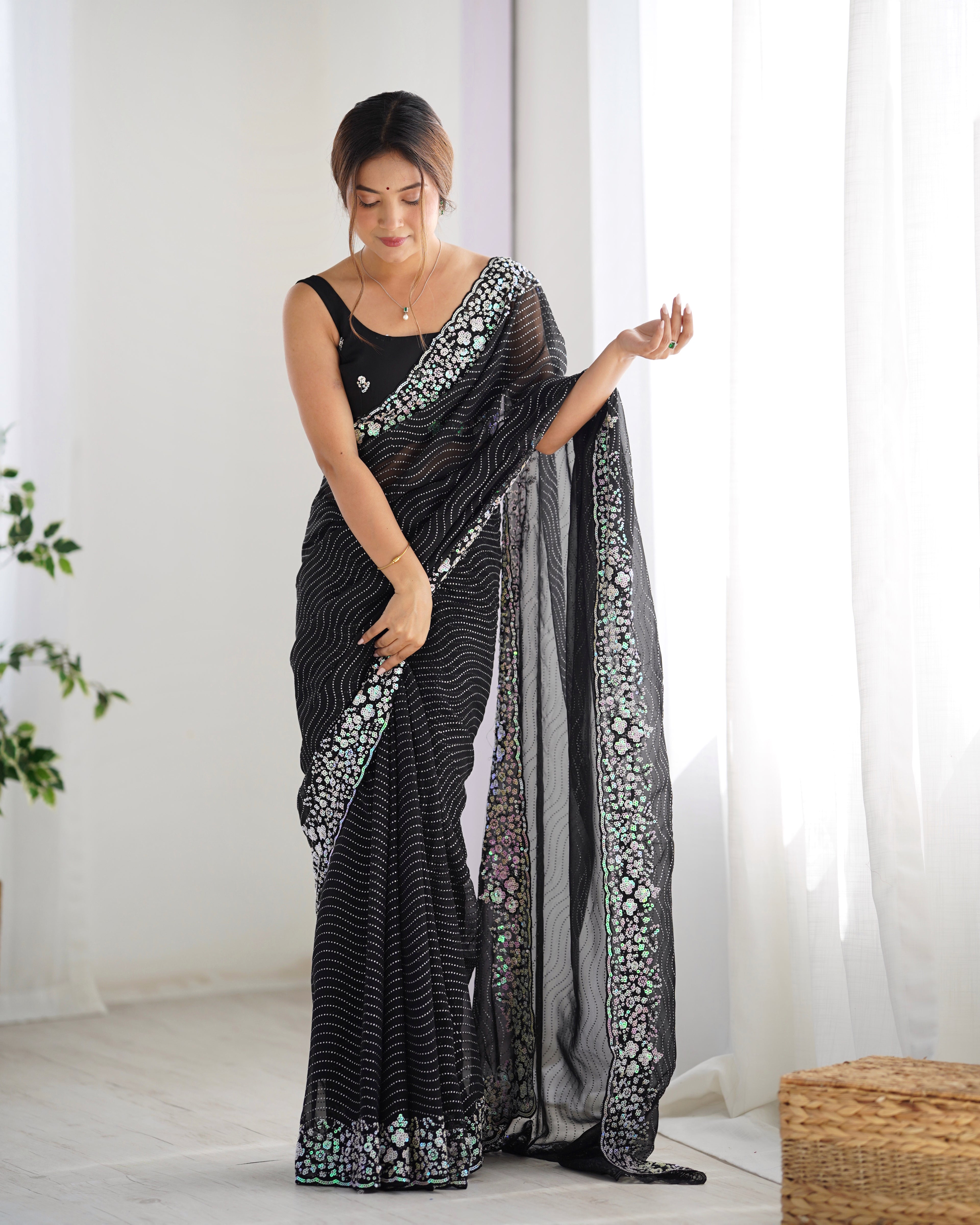 Midnight Black Georgette Sequance Embroidery Saree | Designer Work Party Wear Couture