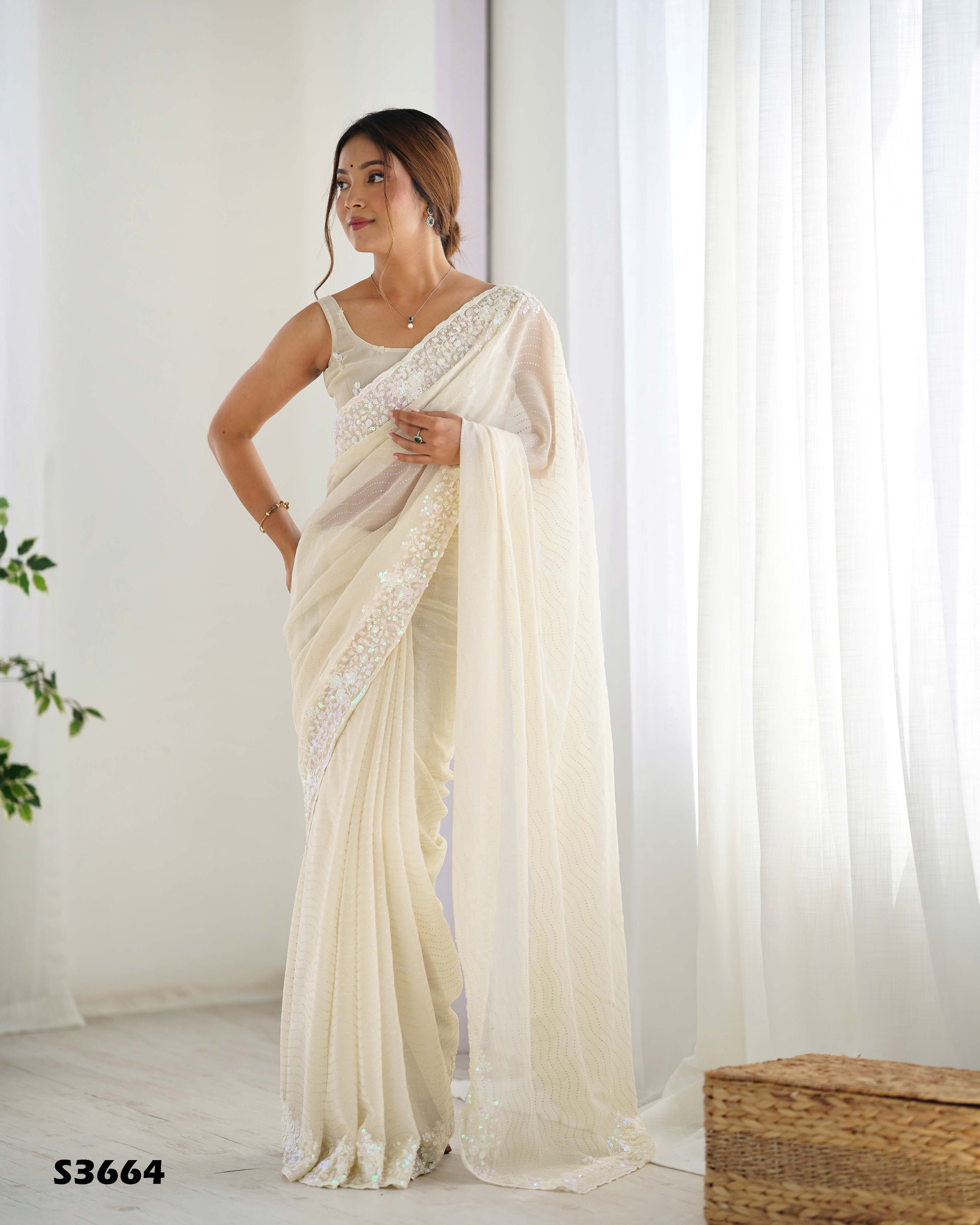 Elegant Cream Georgette Sequance Embroidery Saree | Designer Work Party Wear Couture
