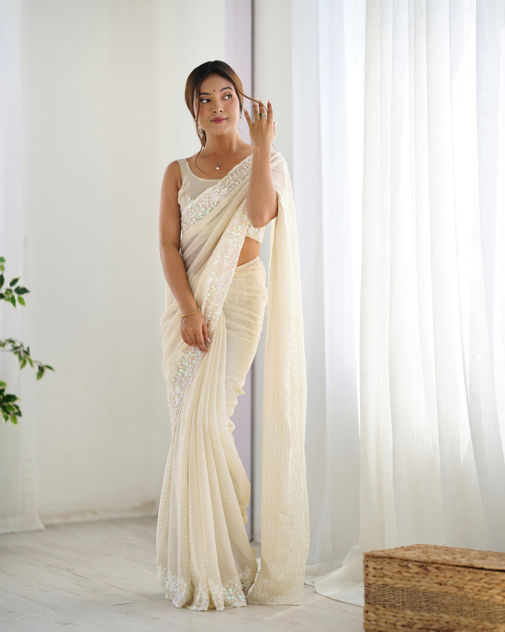 Elegant Cream Georgette Sequance Embroidery Saree | Designer Work Party Wear Couture