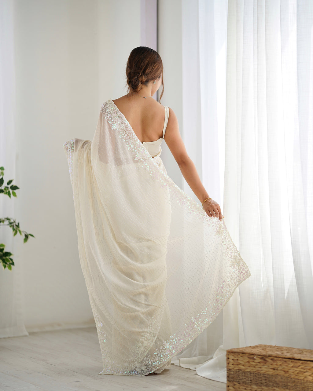 Elegant Cream Georgette Sequance Embroidery Saree | Designer Work Party Wear Couture