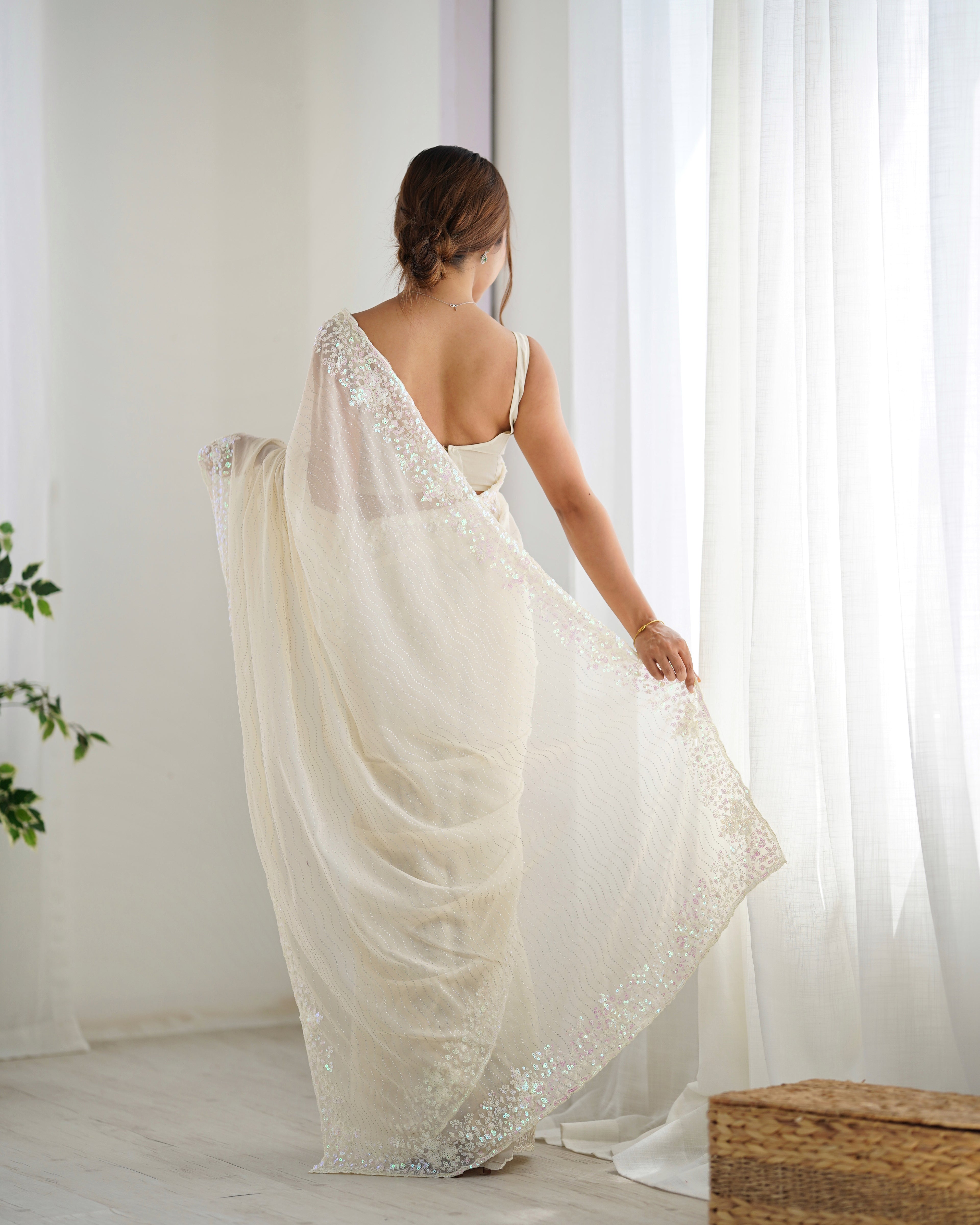 Elegant Cream Georgette Sequance Embroidery Saree | Designer Work Party Wear Couture