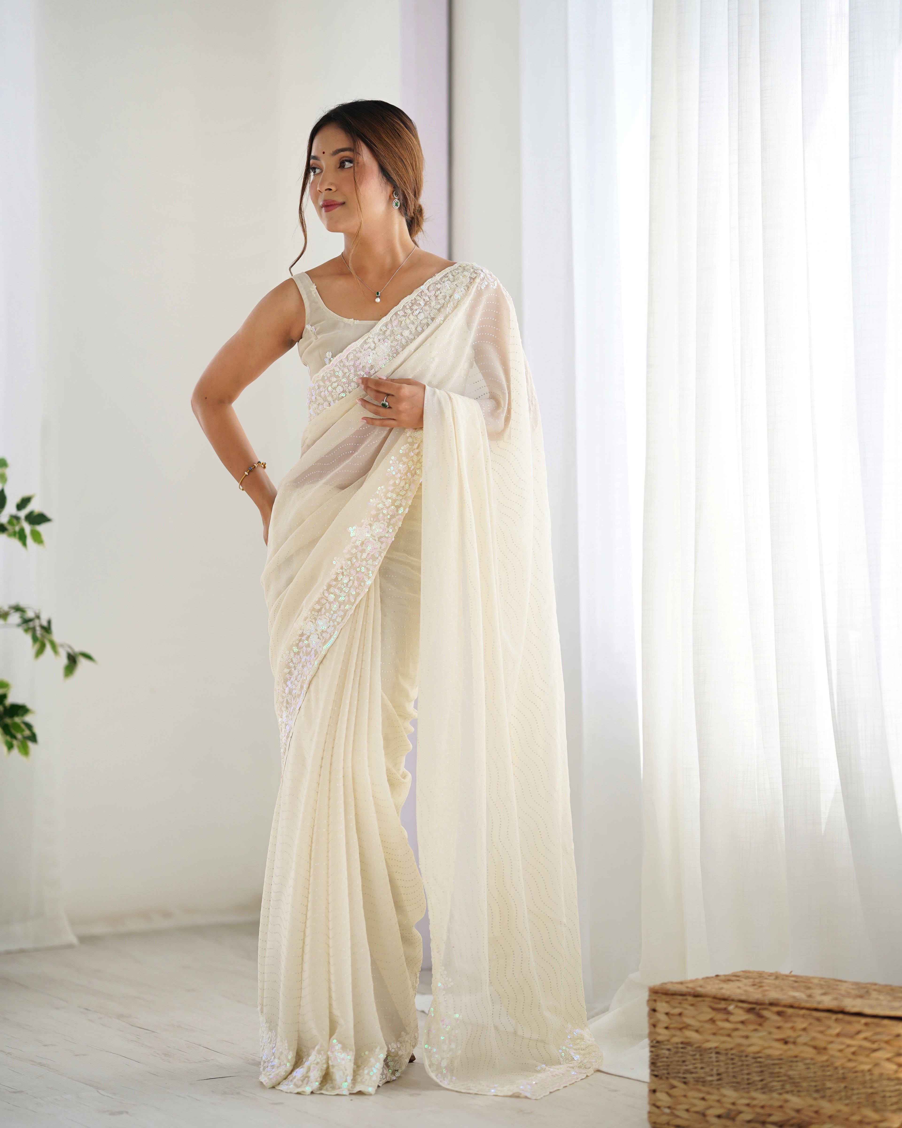 Elegant Cream Georgette Sequance Embroidery Saree | Designer Work Party Wear Couture