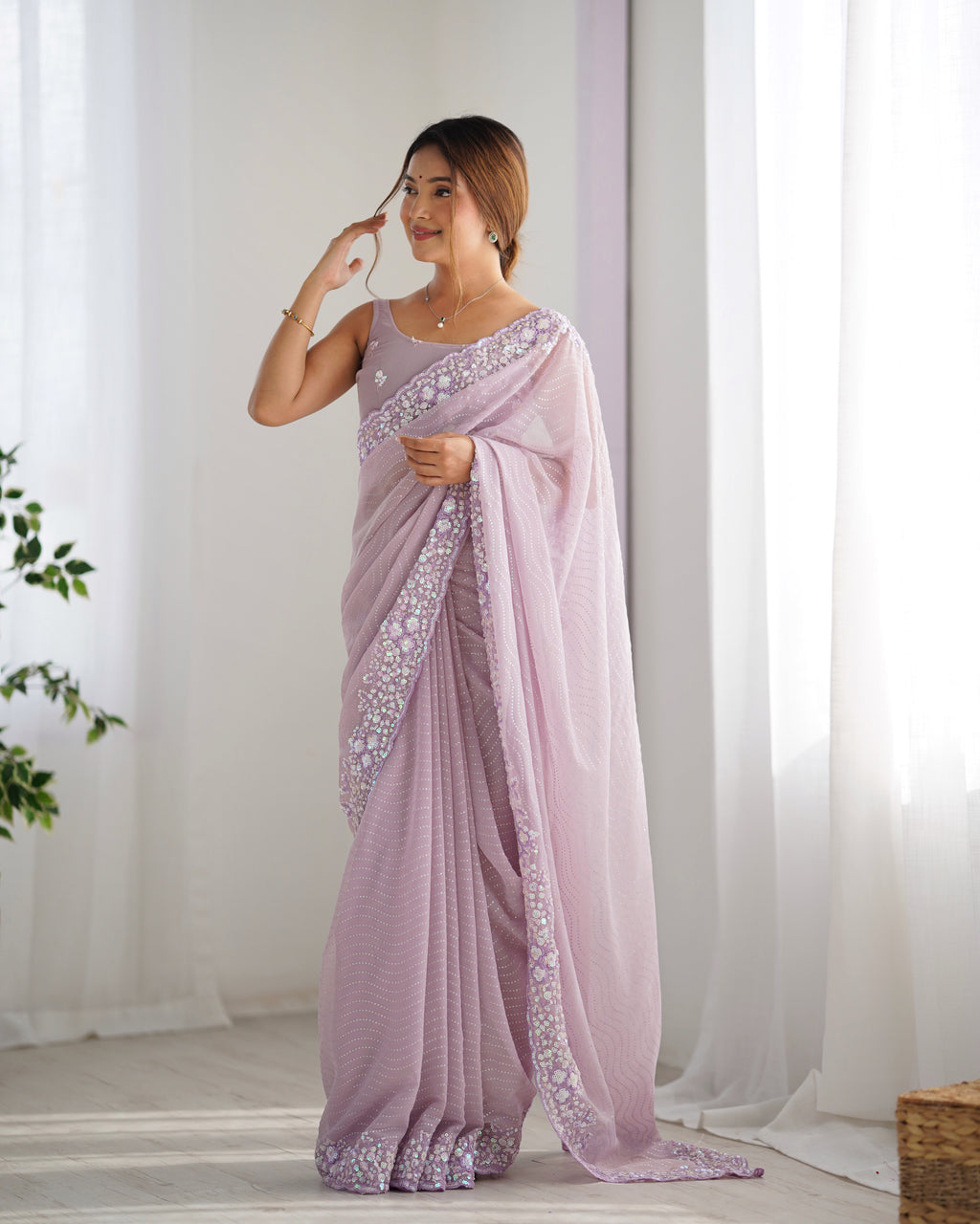 Graceful Lavender Georgette Sequance Embroidery Saree | Designer Work Party Wear Couture