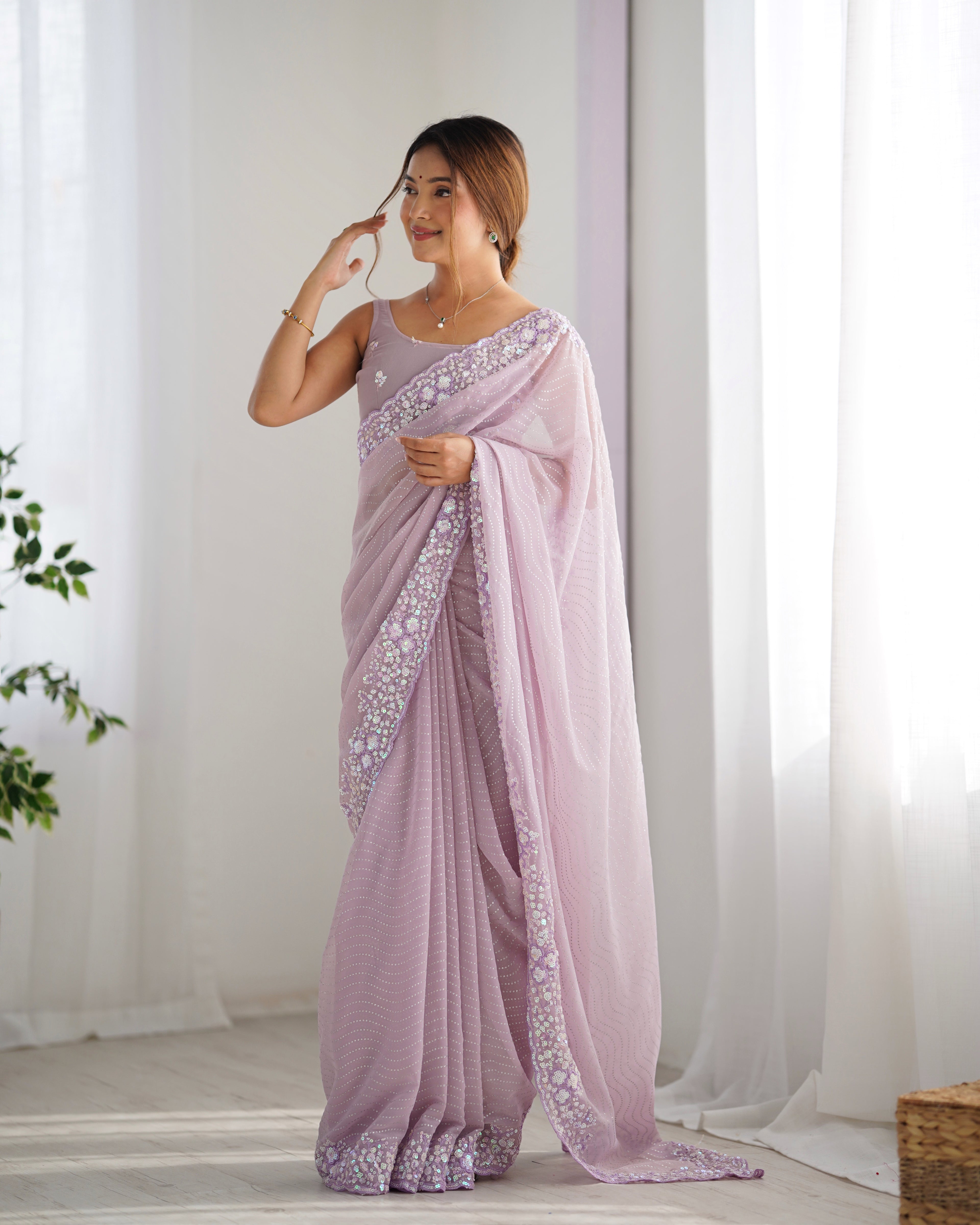 Graceful Lavender Georgette Sequance Embroidery Saree | Designer Work Party Wear Couture