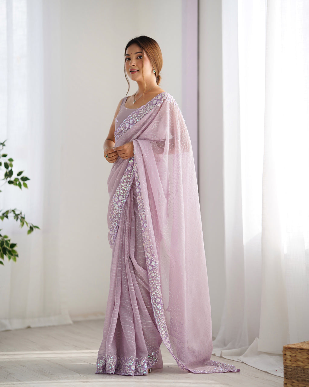 Graceful Lavender Georgette Sequance Embroidery Saree | Designer Work Party Wear Couture