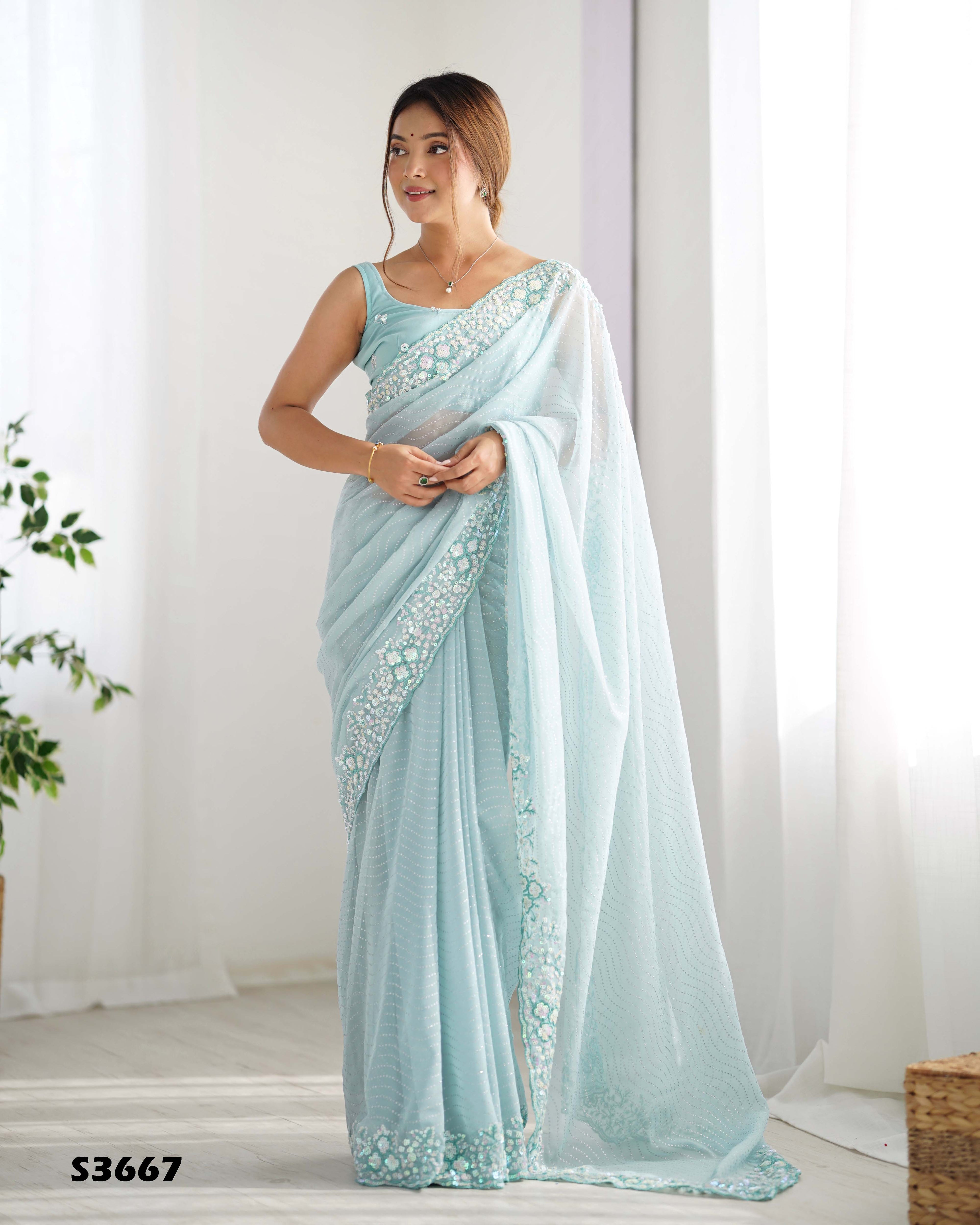 Serene Sky Blue Georgette Sequance Embroidery Saree | Designer Work Party Wear Couture
