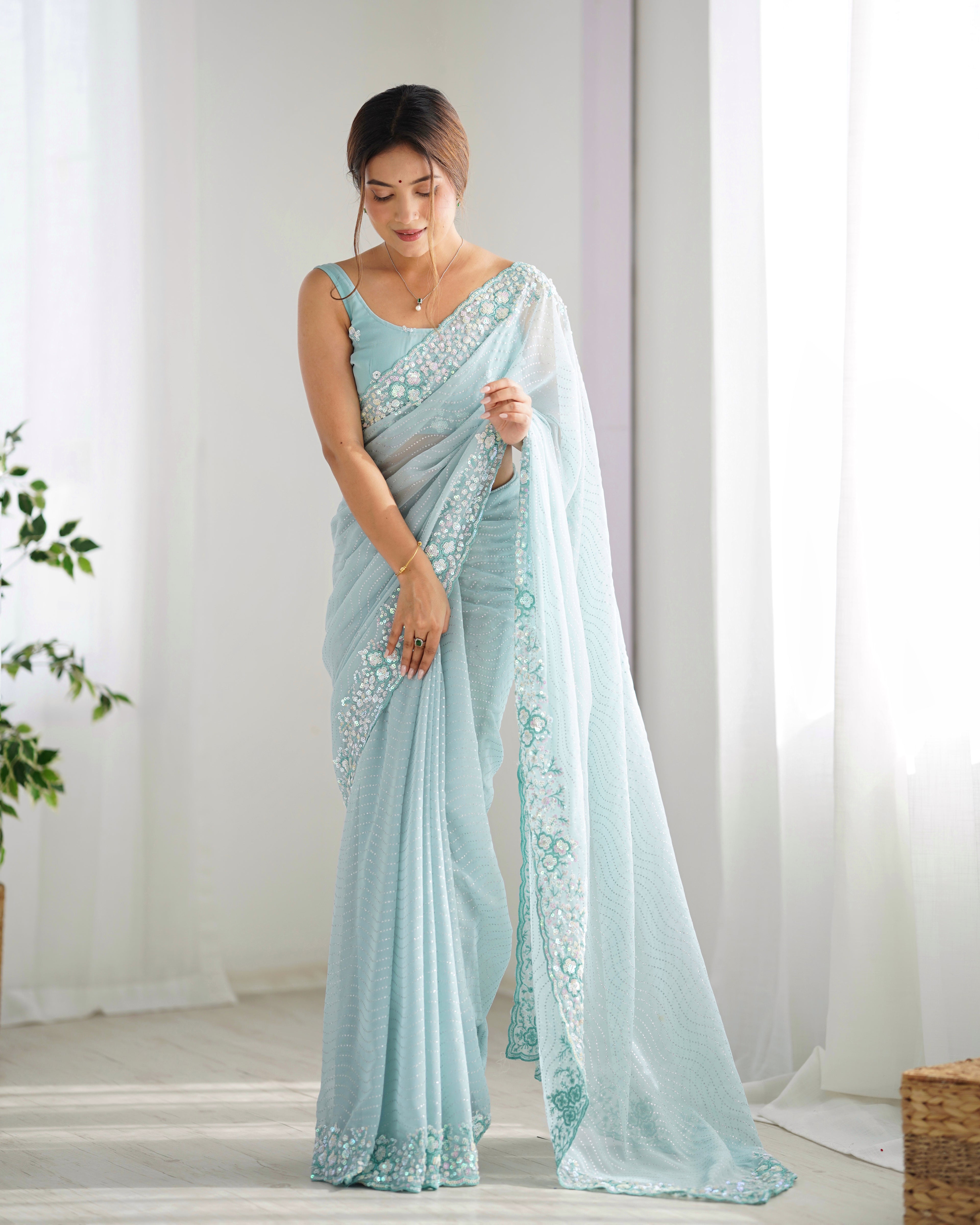 Serene Sky Blue Georgette Sequance Embroidery Saree | Designer Work Party Wear Couture