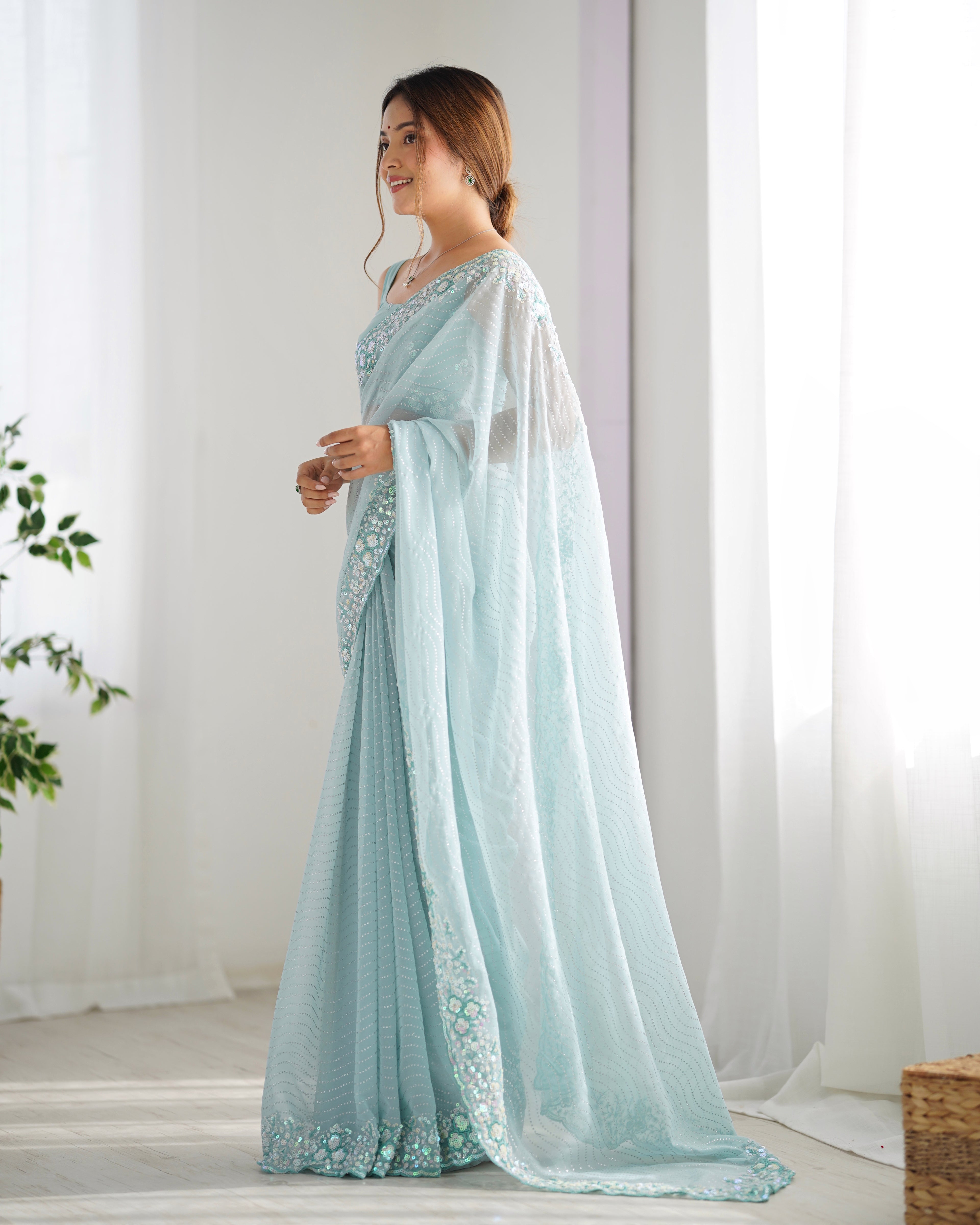 Serene Sky Blue Georgette Sequance Embroidery Saree | Designer Work Party Wear Couture
