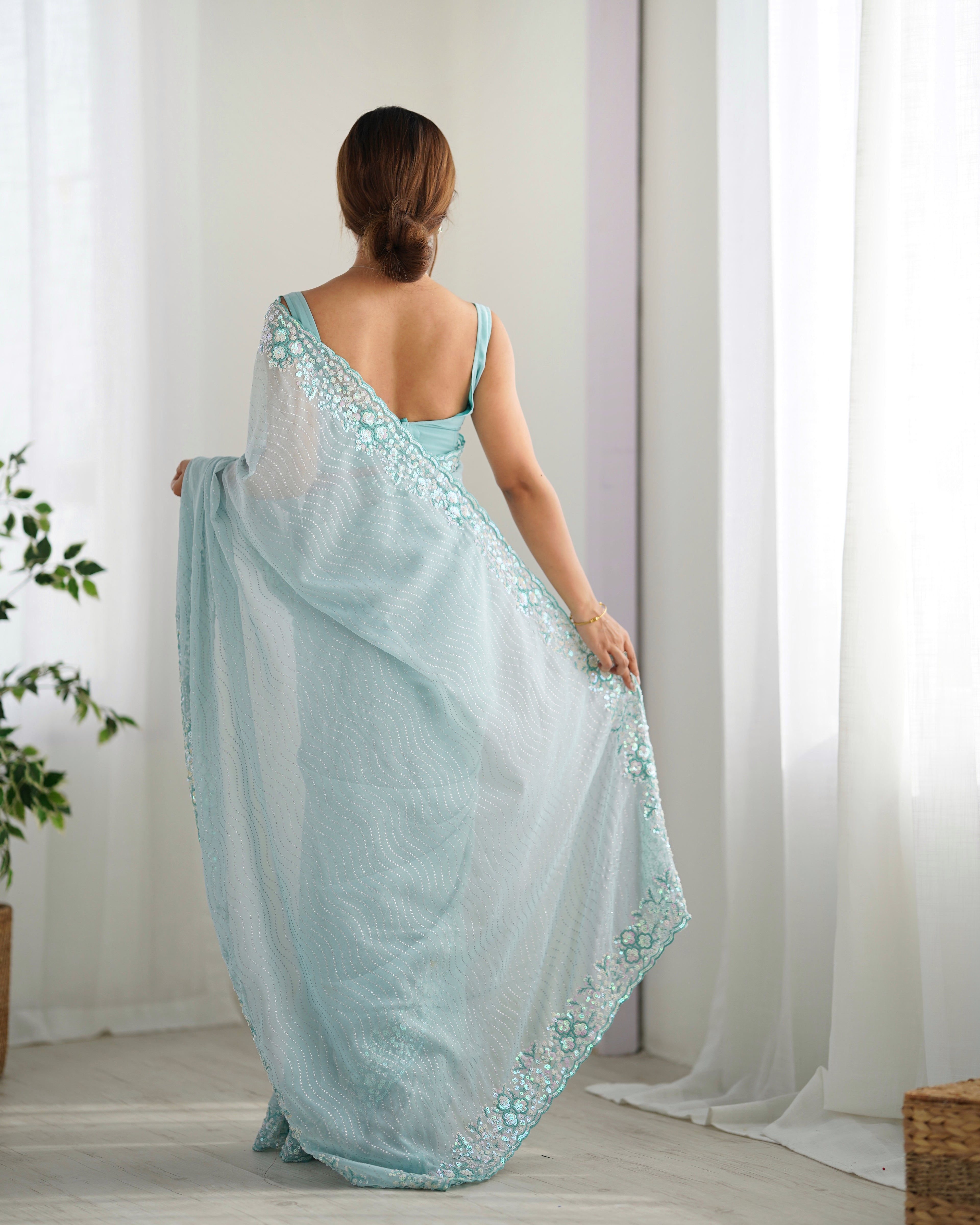 Serene Sky Blue Georgette Sequance Embroidery Saree | Designer Work Party Wear Couture