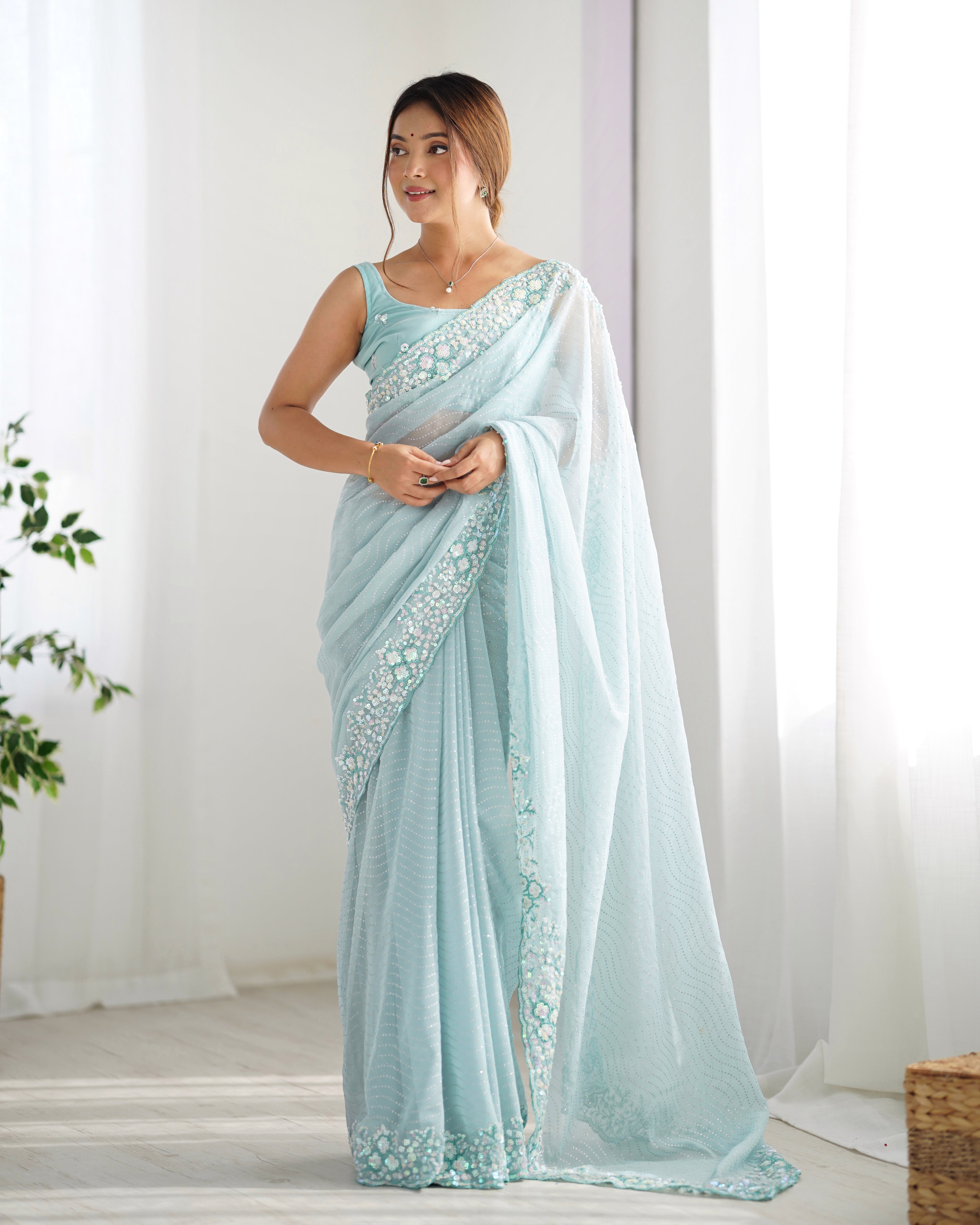 Serene Sky Blue Georgette Sequance Embroidery Saree | Designer Work Party Wear Couture