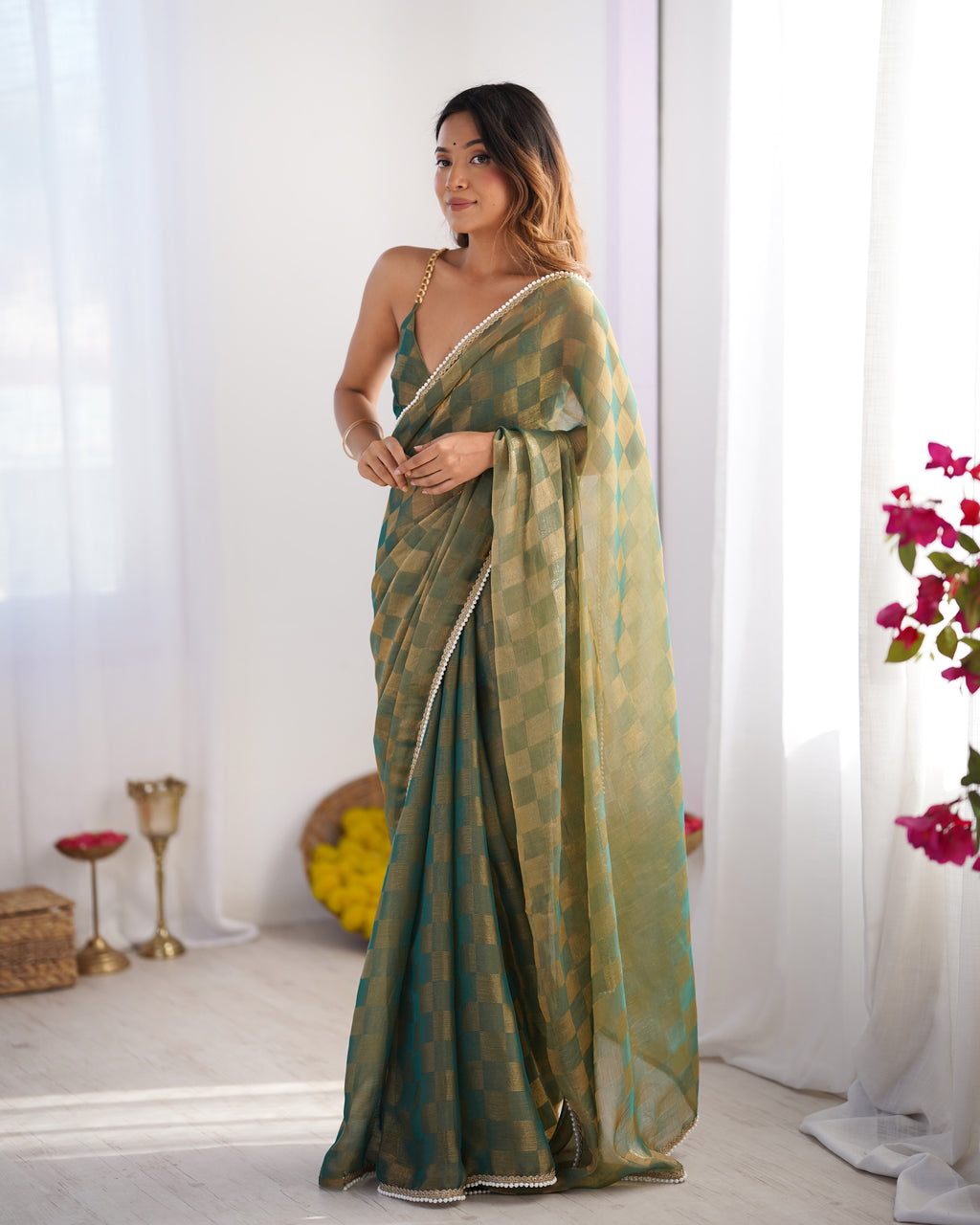Emerald Green NC Chiffon Chex Party Wear Saree | Wevon Chex Designer with Moti Lace Border