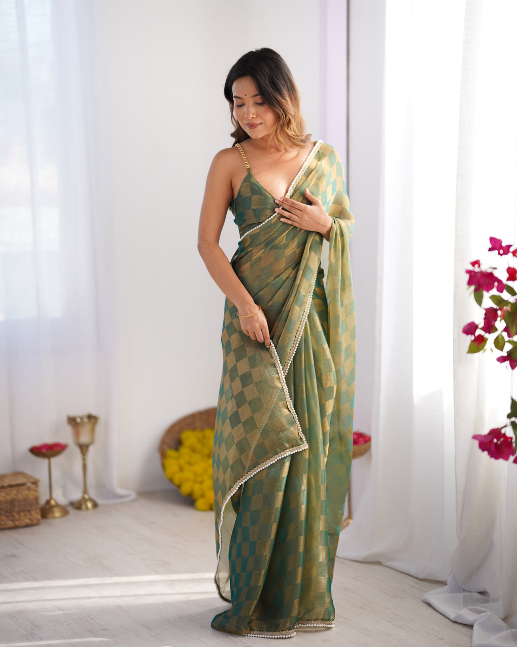 Emerald Green NC Chiffon Chex Party Wear Saree | Wevon Chex Designer with Moti Lace Border