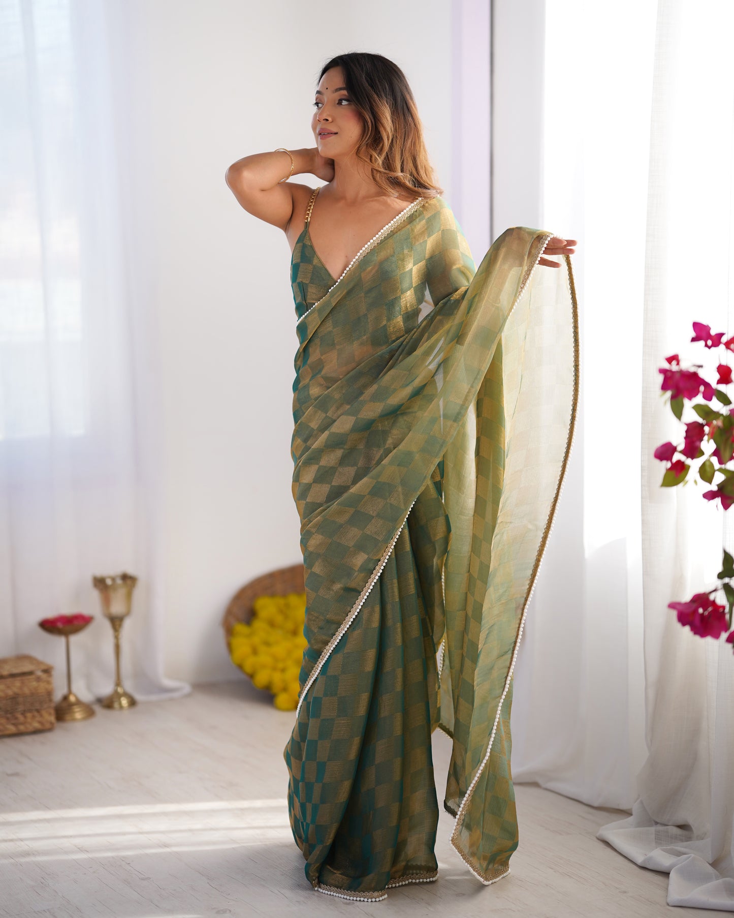 Emerald Green NC Chiffon Chex Party Wear Saree | Wevon Chex Designer with Moti Lace Border