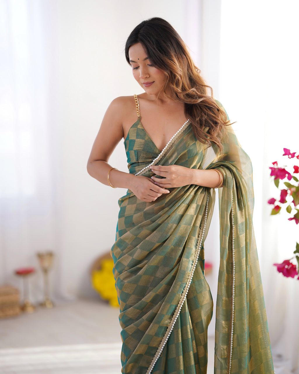 Emerald Green NC Chiffon Chex Party Wear Saree | Wevon Chex Designer with Moti Lace Border