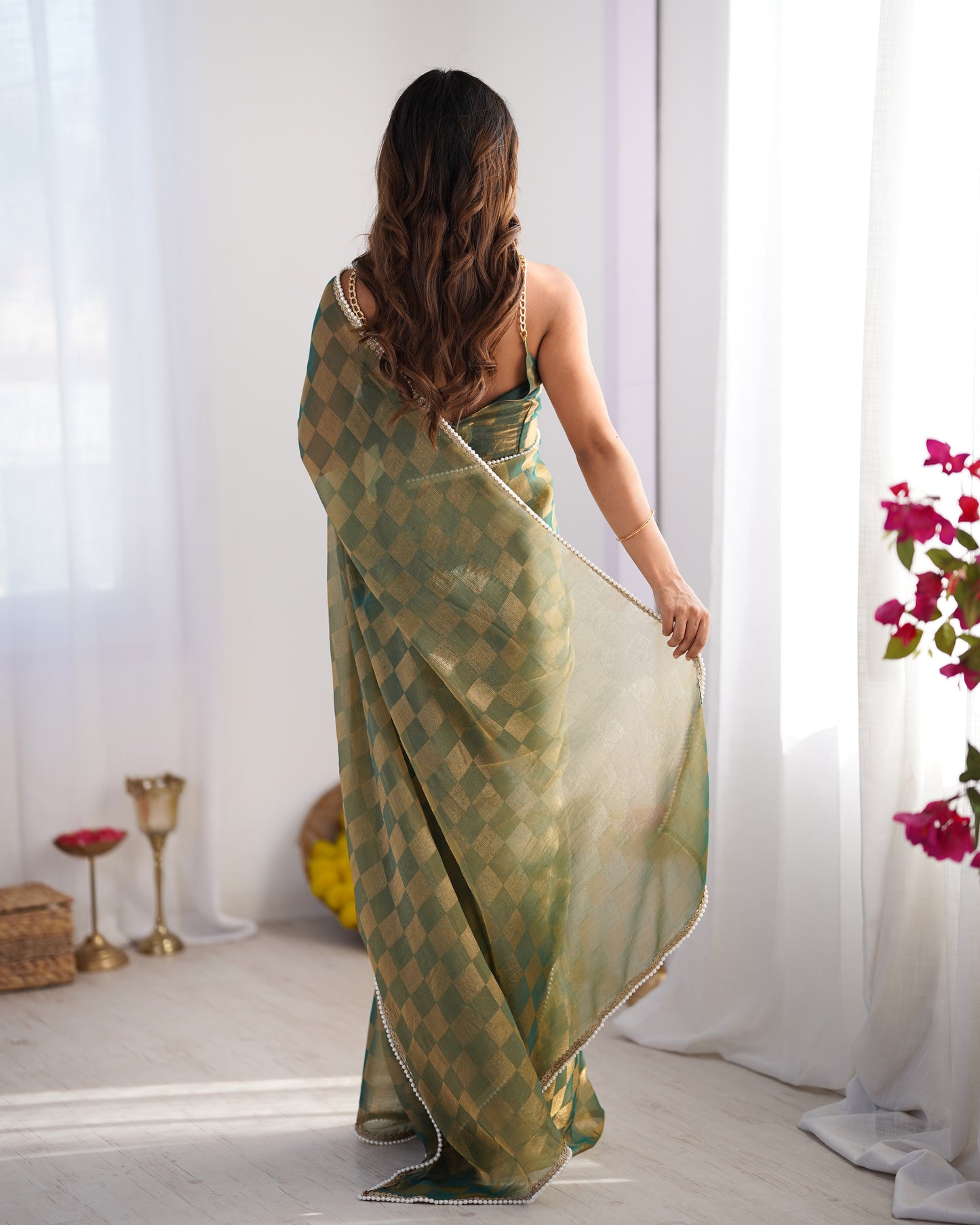 Emerald Green NC Chiffon Chex Party Wear Saree | Wevon Chex Designer with Moti Lace Border