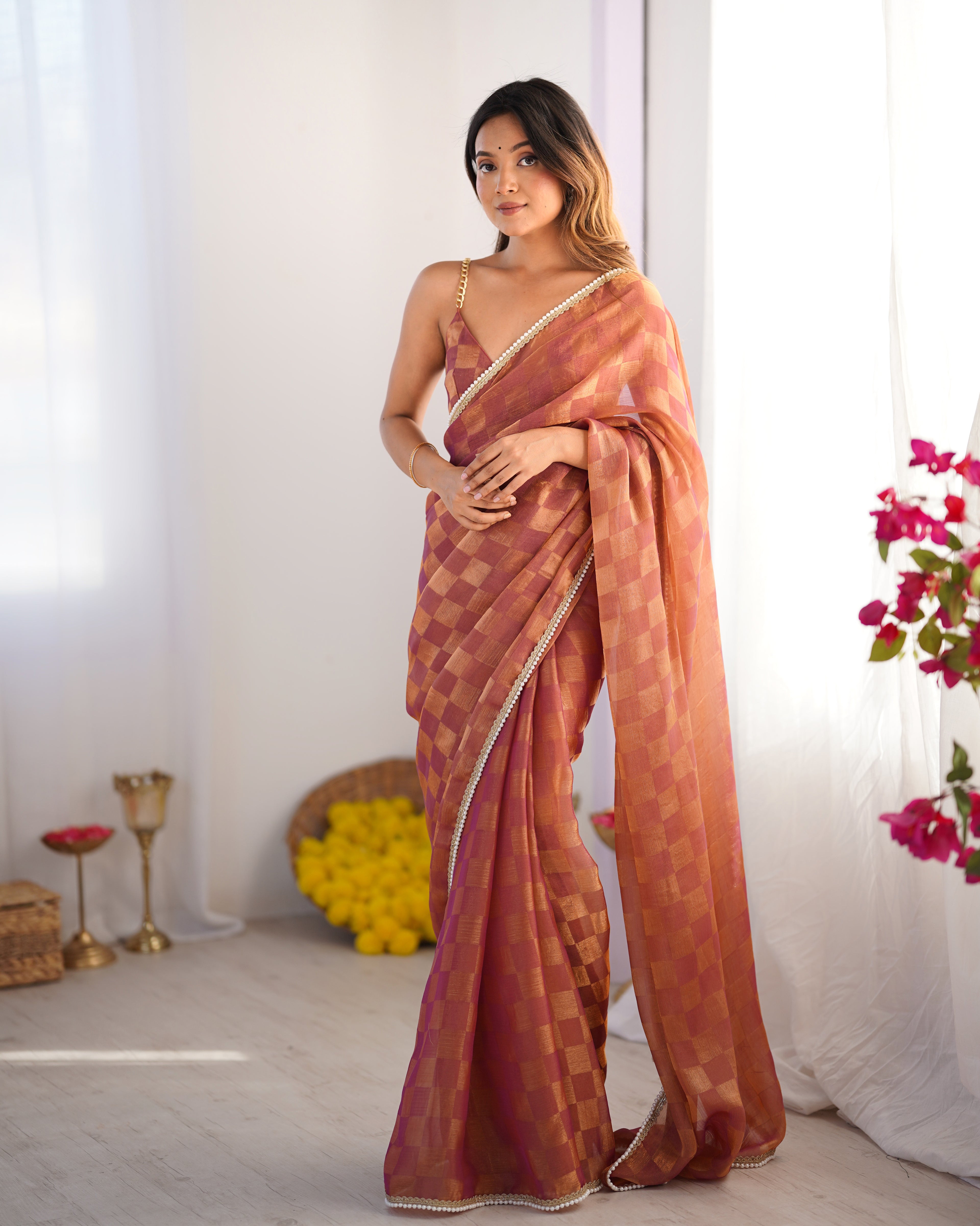 Autumn Rust NC Chiffon Chex Party Wear Saree | Wevon Chex Designer with Moti Lace Border