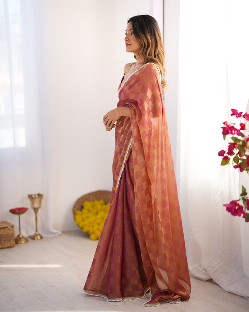 Autumn Rust NC Chiffon Chex Party Wear Saree | Wevon Chex Designer with Moti Lace Border