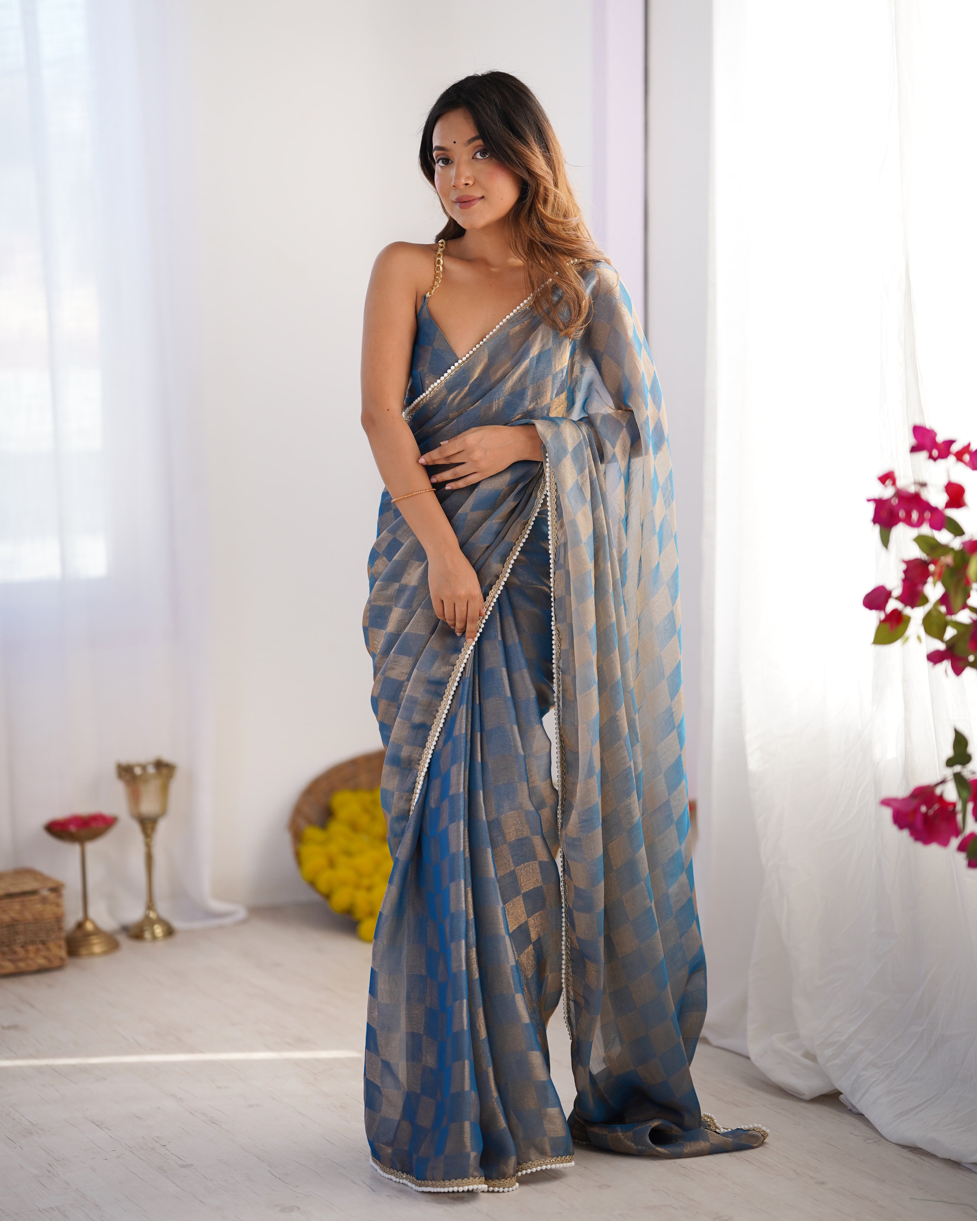 Royal Blue NC Chiffon Chex Party Wear Saree | Wevon Chex Designer with Moti Lace Border