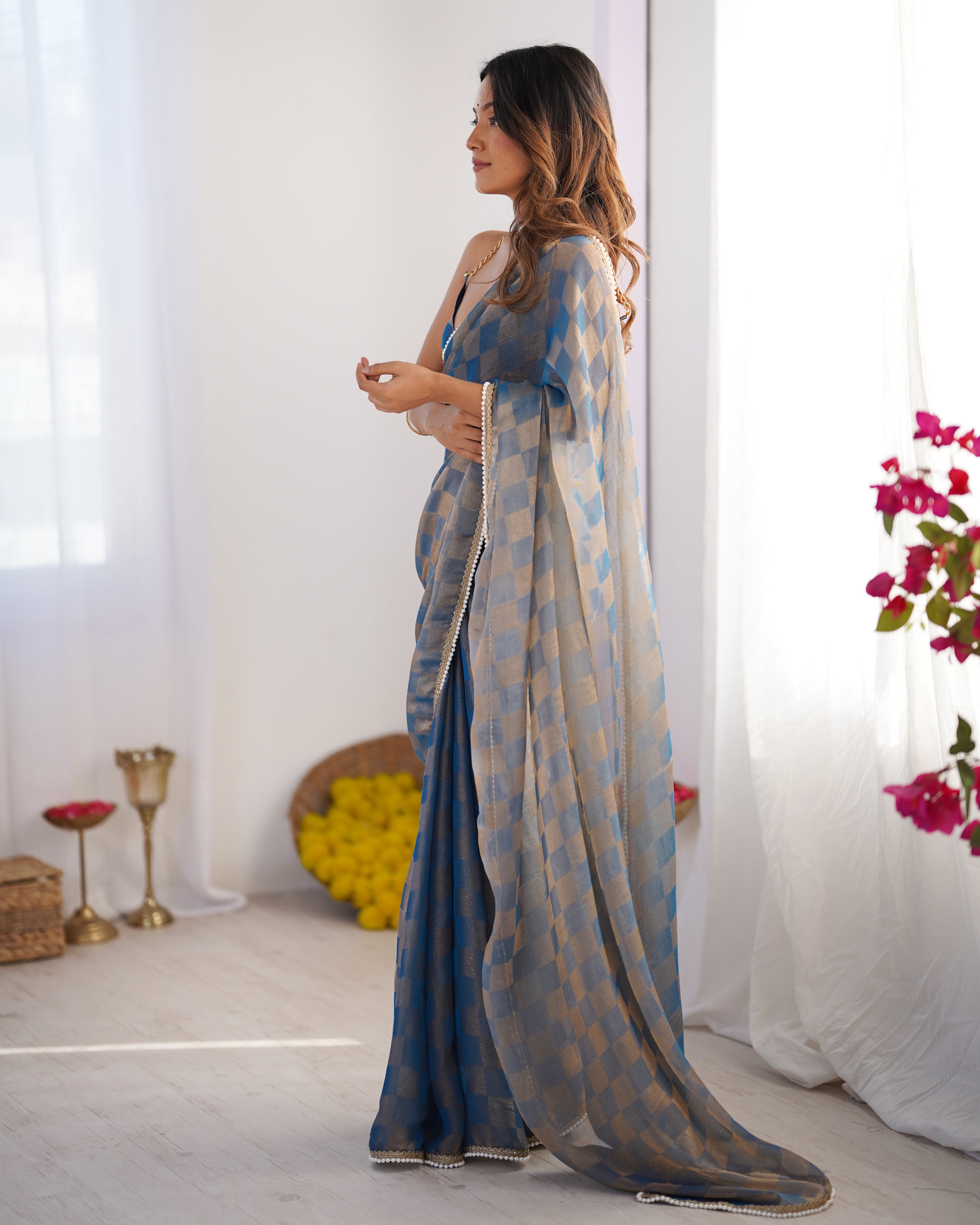 Royal Blue NC Chiffon Chex Party Wear Saree | Wevon Chex Designer with Moti Lace Border