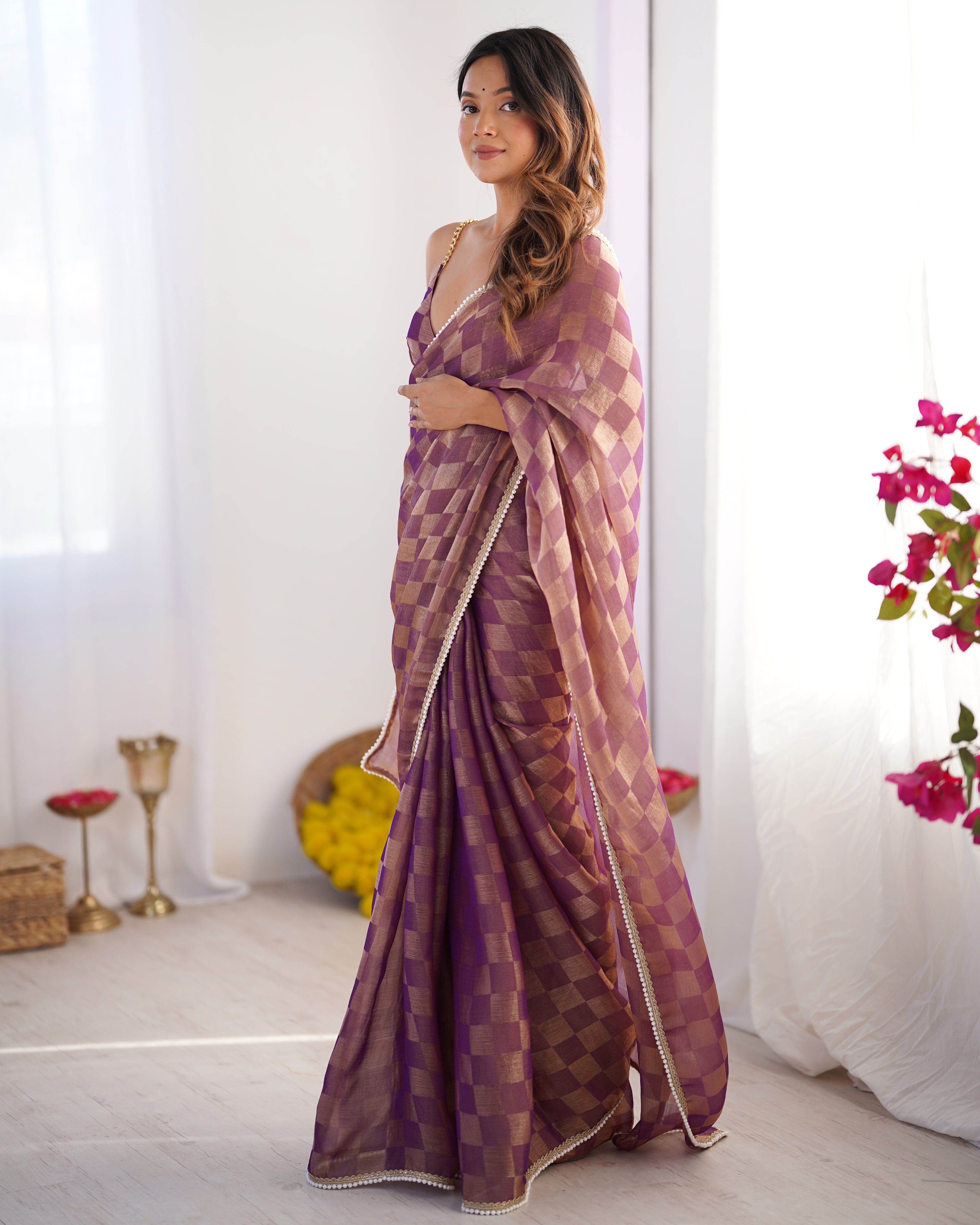 Regal Purple NC Chiffon Chex Party Wear Saree | Wevon Chex Designer with Moti Lace Border