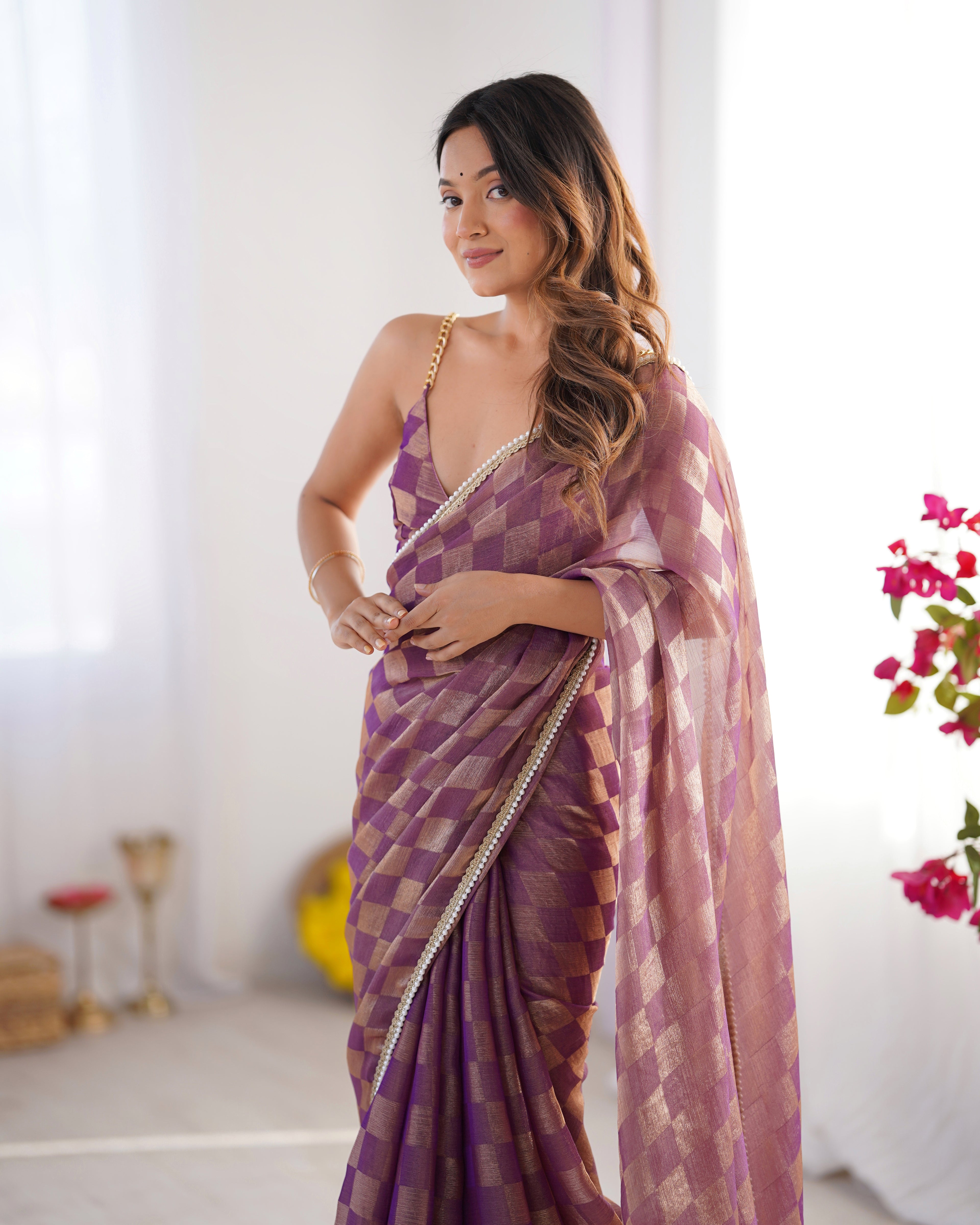 Regal Purple NC Chiffon Chex Party Wear Saree | Wevon Chex Designer with Moti Lace Border