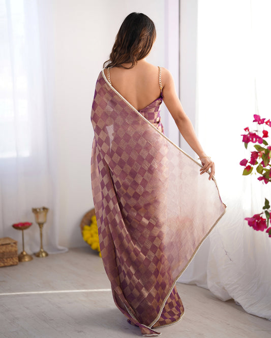 Regal Purple NC Chiffon Chex Party Wear Saree | Wevon Chex Designer with Moti Lace Border