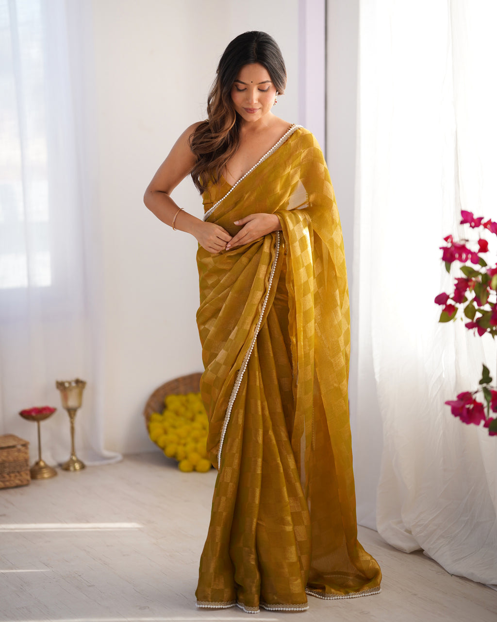 Golden Mustard NC Chiffon Chex Party Wear Saree | Wevon Chex Designer with Moti Lace Border